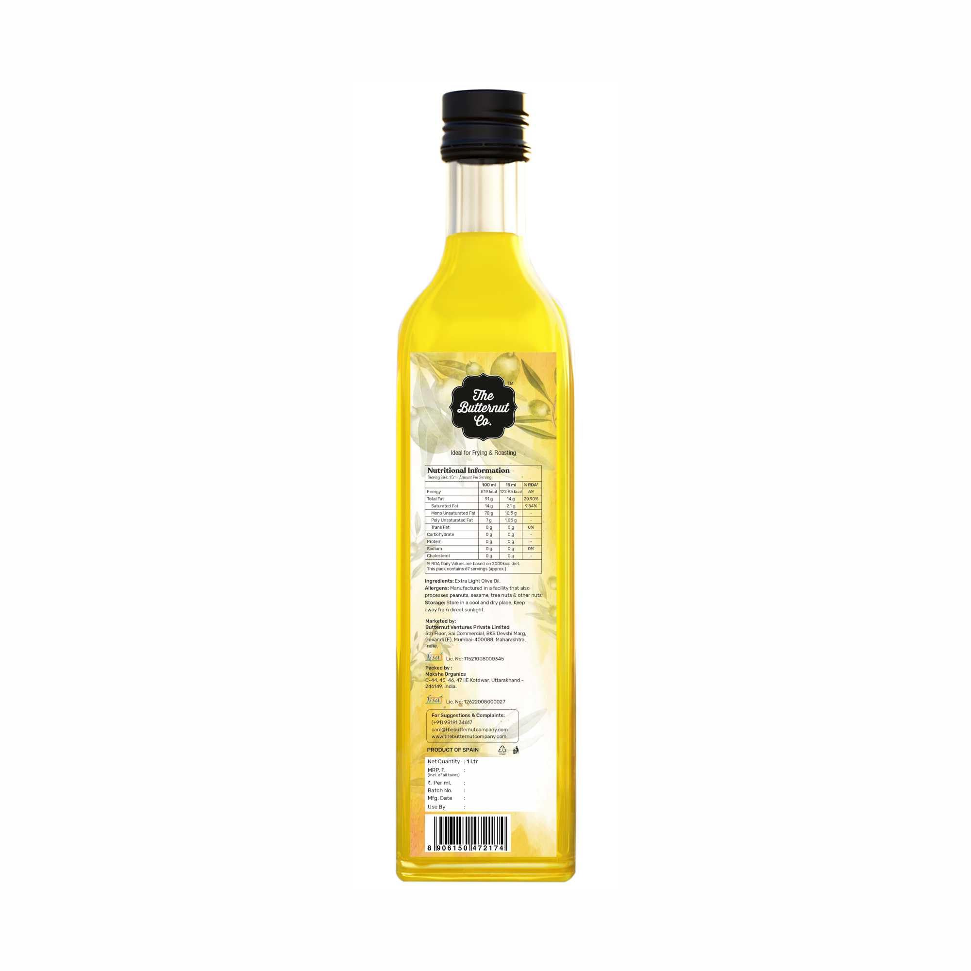 The Butternut Co. Cold Pressed Extra Light Olive Oil, Premium Cooking Oil, Perfect for Frying, Dressing, Garnishing & Drizzling on Salads, Good for Digestion and Heart, Daily Use, 1 Litre (Pack of 2) - Image 3 thumbnail