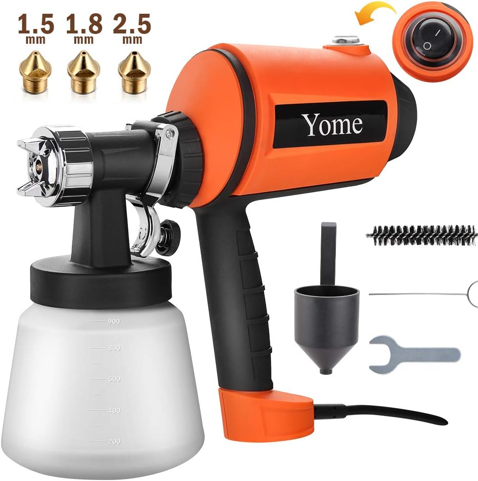 Paint Sprayer 830ml/min, Yome Electric Spray Paint Gun with Three Spray Patterns, Three Copper Nozzle Sizes, Adjustable Valve Knob, Two 900ml Detachable Containers for Painting Projects, Orange