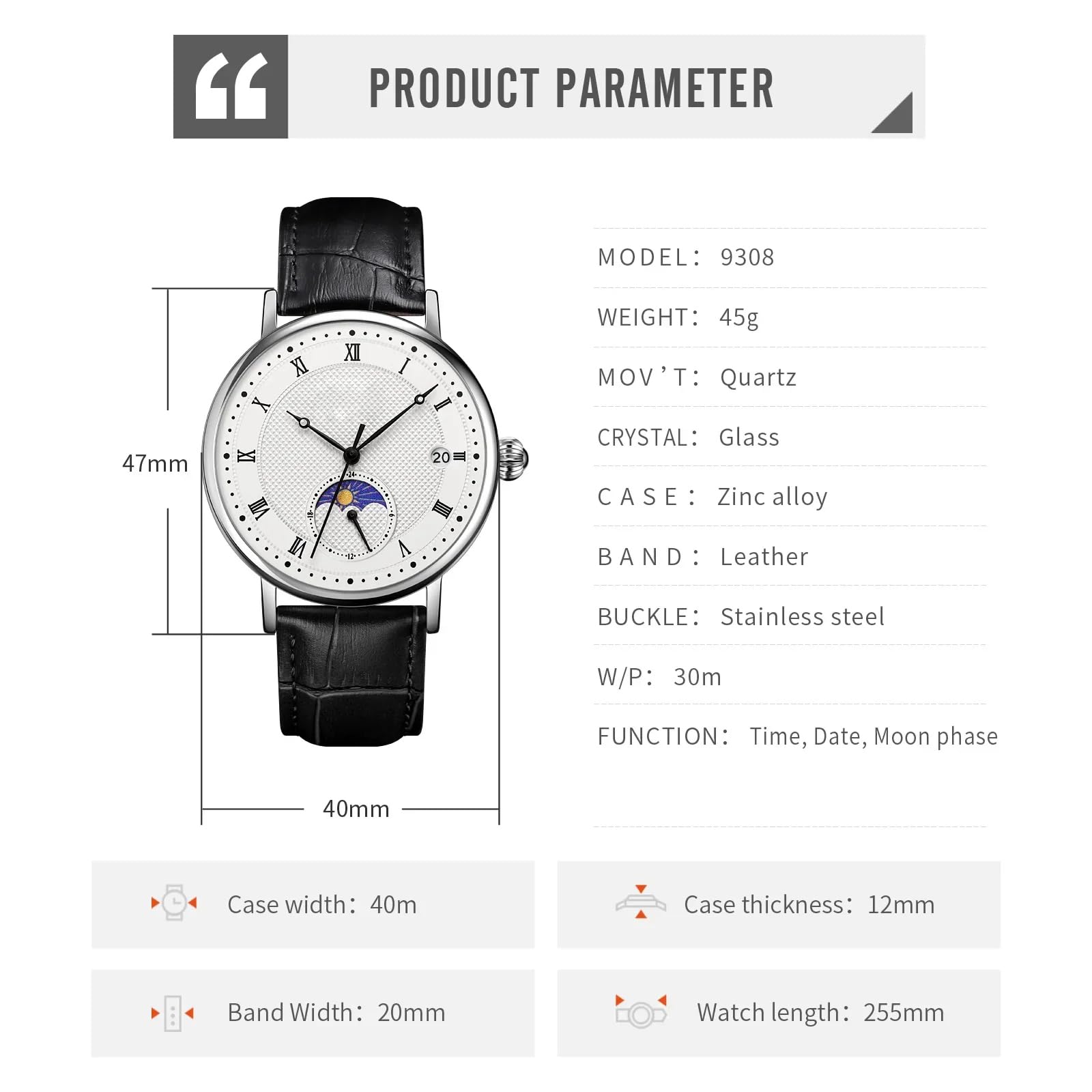 FANMIS Reloj de pulsera para hombre de negocios de cuero o acero inoxidable, impermeable, con fecha, cuarzo