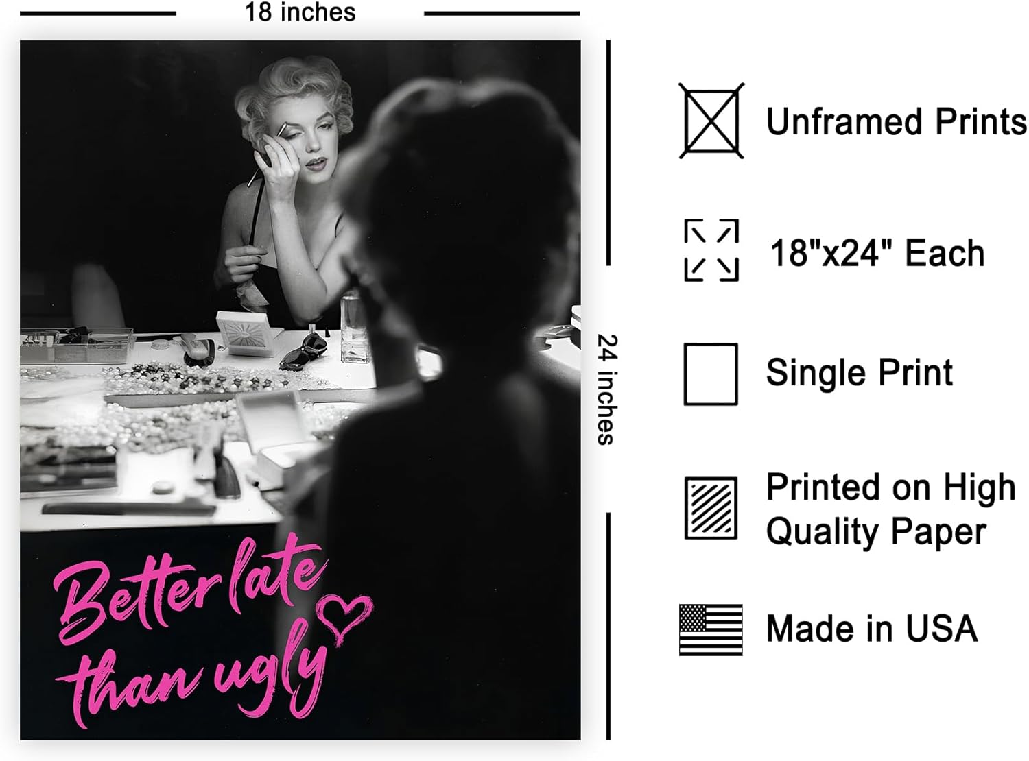Poster Master Better Late Than Ugly Print - Marilyn Poster - Altered & Pop Art - Trendy Gift for Men & Women - Fashion Art - Chic Decor for Bathroom or Girl's Room - 18x24 Unframed Wall Art