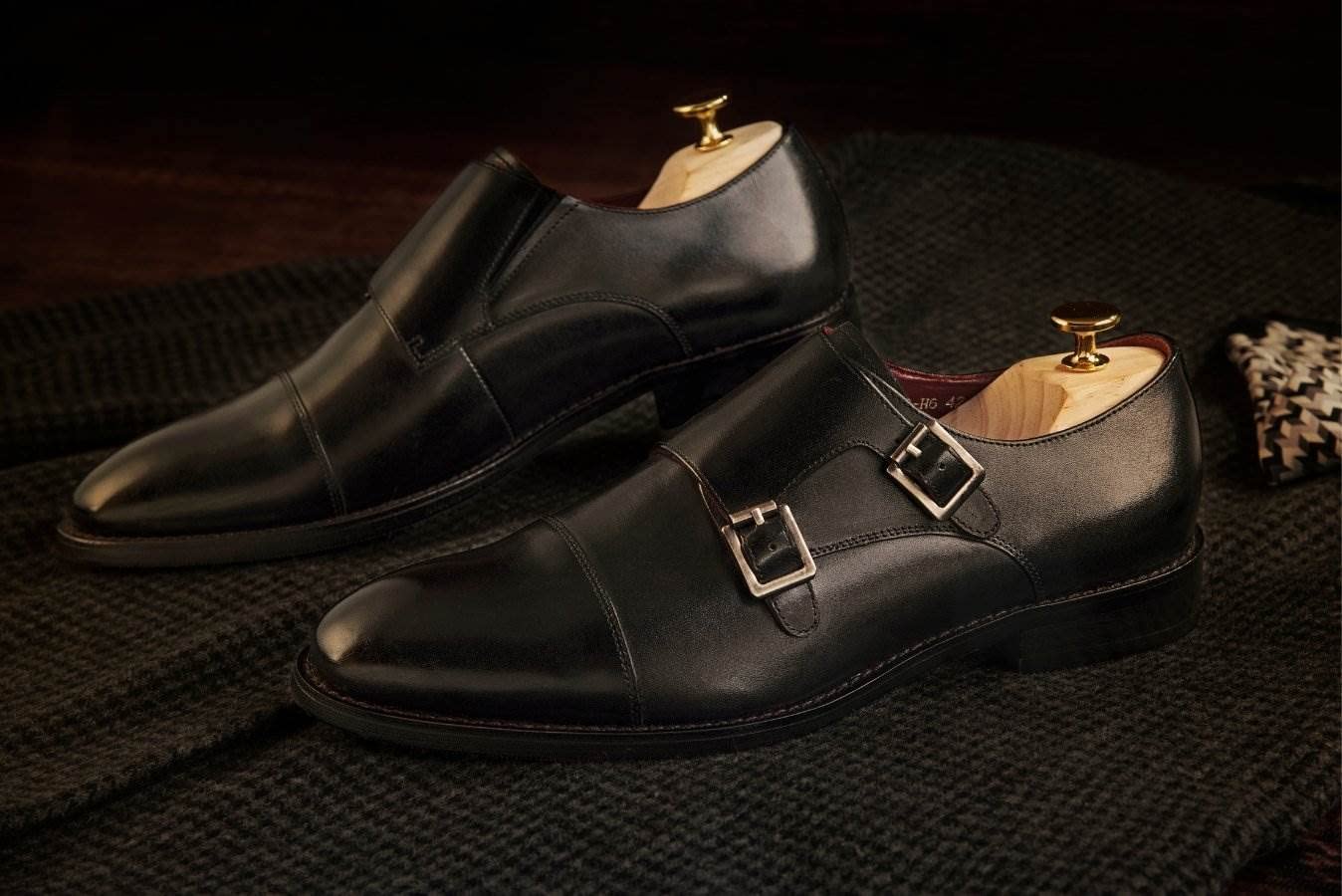 Marc Brunell Zapatos de hebilla de acero monje doble de cuero real para hombre en caja de regalo de madera más extras