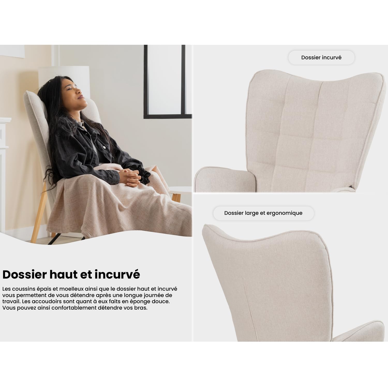 MEUBLE COSY Fauteuil à Bascule Allaitement Scandinave Chaise Loisir et Repos en Tissu avec Pieds en E' Bois Métal pour Salon, Chambre, Massif, Beige, 66x84x97cm