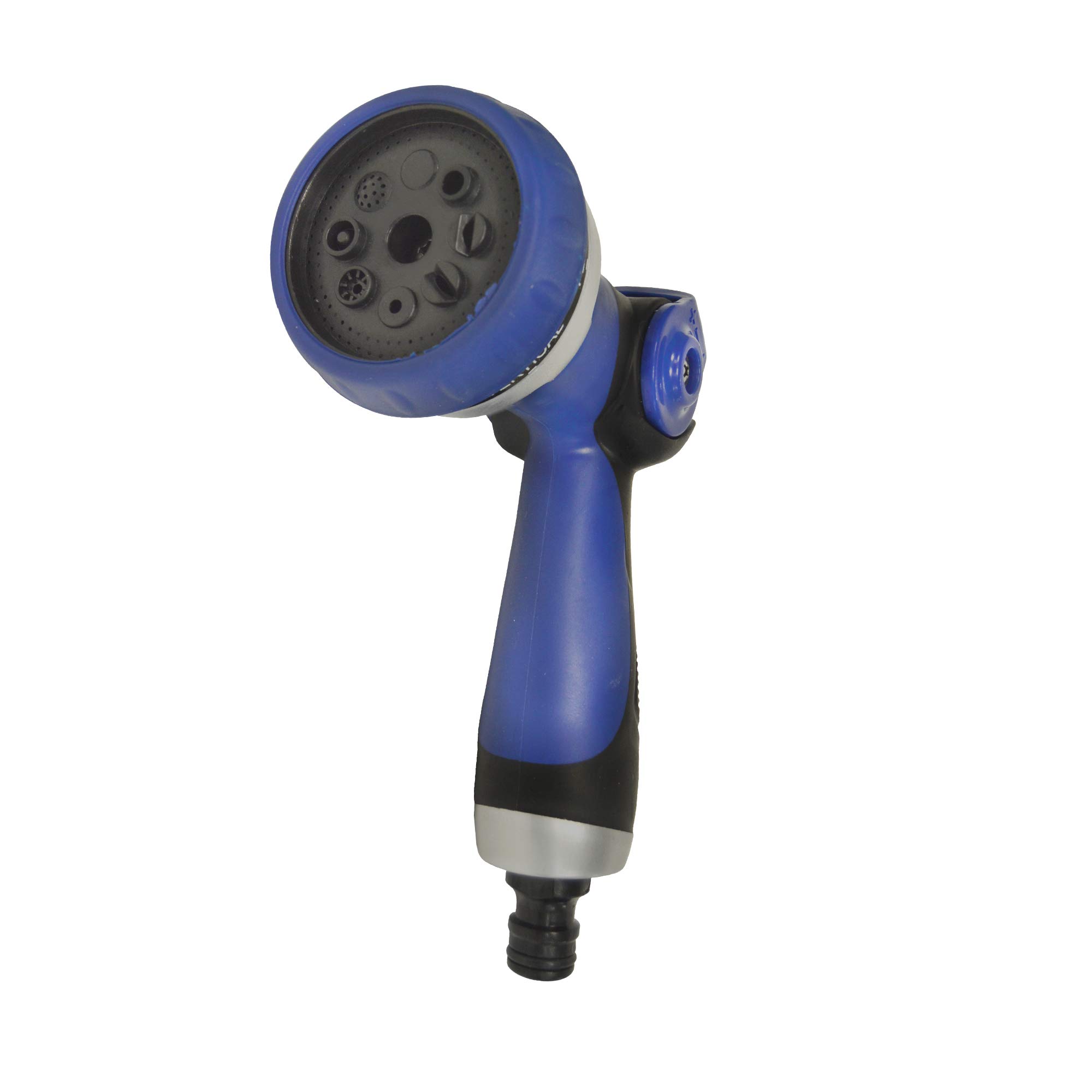 S&M 590078 – Kit de manguera helicoidal azul 15 metros (9 mm diámetro) + pistola multifunción 8 chorros + automático rosca hembra con adaptador ¾”-½” + 2 conectores rápidos + soporte colgador