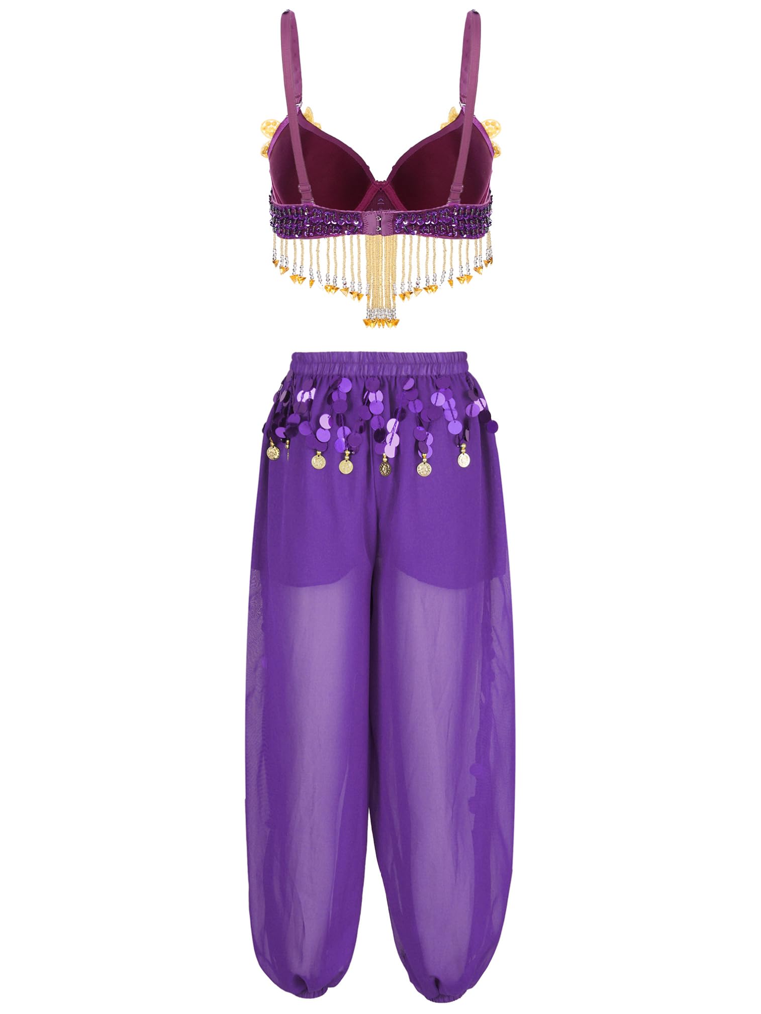 ranrann Traje de Danza del Vientre para Mujer Top Corto Sujetador y Pantalones de Lentejuelas Brillantes de Princesa Árabe Disfraz de Bailarina India