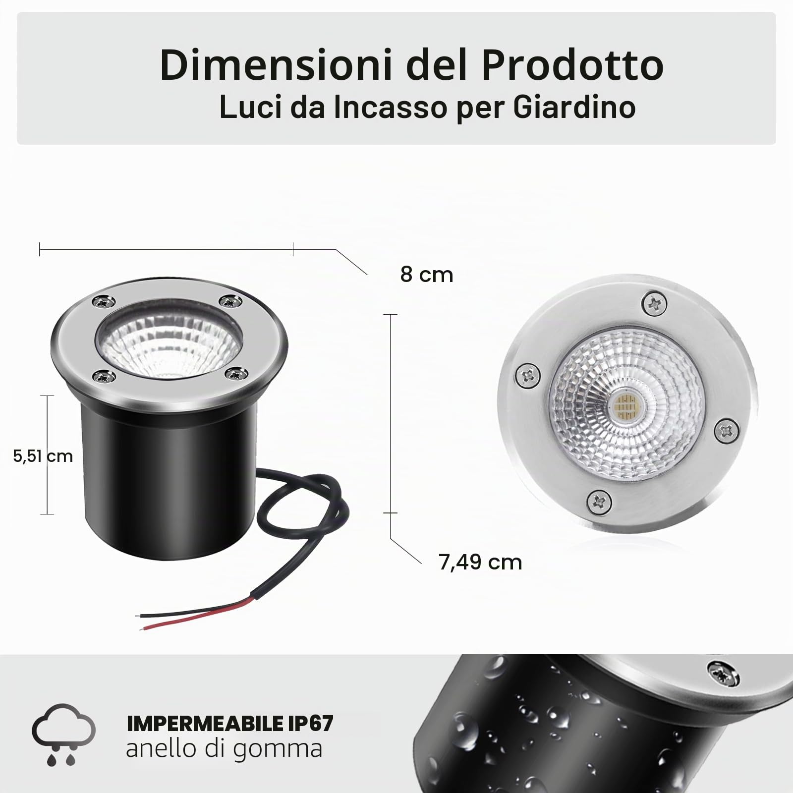 Faretto LED da Incasso 3W 300 Lumen, Pavimento 12V AC DC IP67, Segnapasso da Esterno per Giardino Sentieri Carrabile