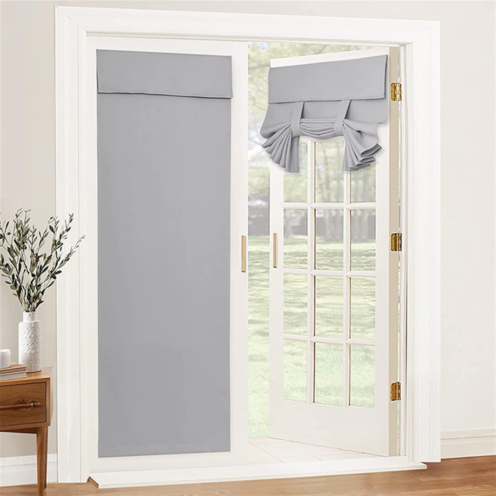 Momooda French Door Durtain, Door Way Privacy Curtain, Self-Adhesive Blackout Thermal Front Door Window Curtain with Tieback, 1 Panel, Light Grey, 86x203cm