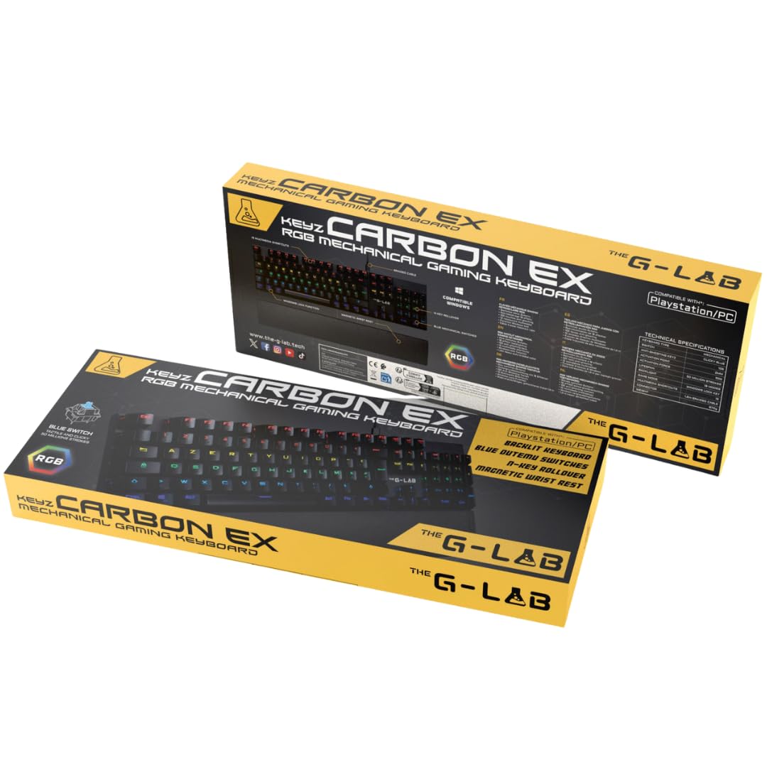 The G-Lab Keyz Carbon Ex - Clavier Mécanique Azerty Switch Bleu - Clavier Gaming Rétroéclairage LED RGB, Anti-ghosting Total, 12 Touches multimedias - PC/PS5/Xbox - New (Keyz Carbon Ex)