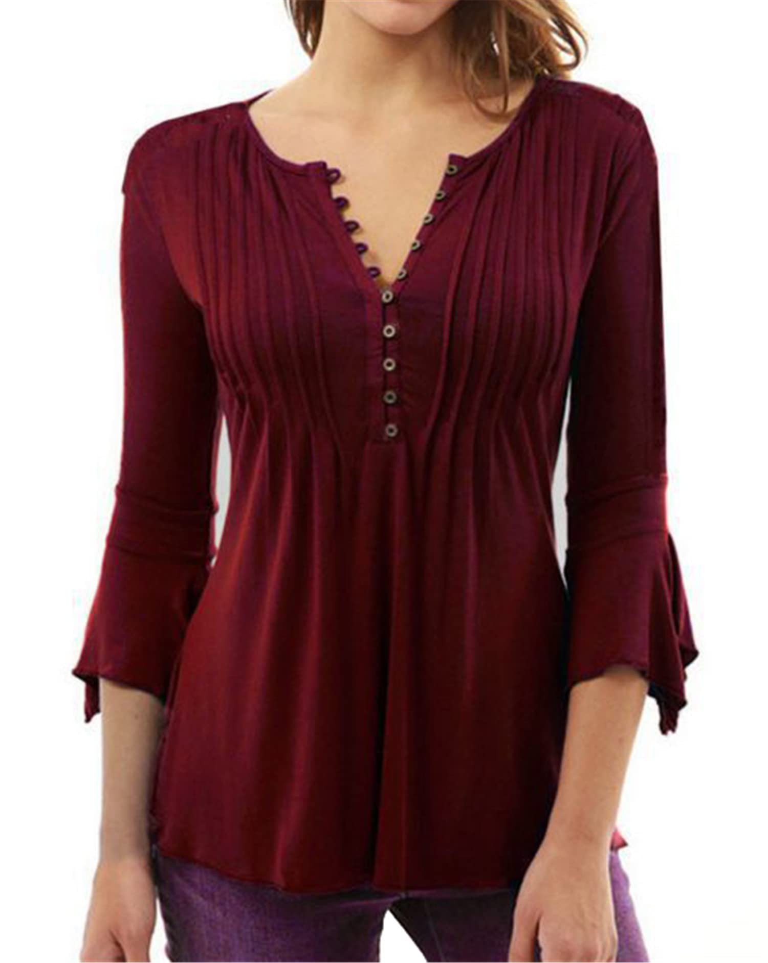 Andongnywell Women's Tunic Top Loose Long Sleeve V Neck Button Up Pleated Shirts Blouse T Shirt Tops