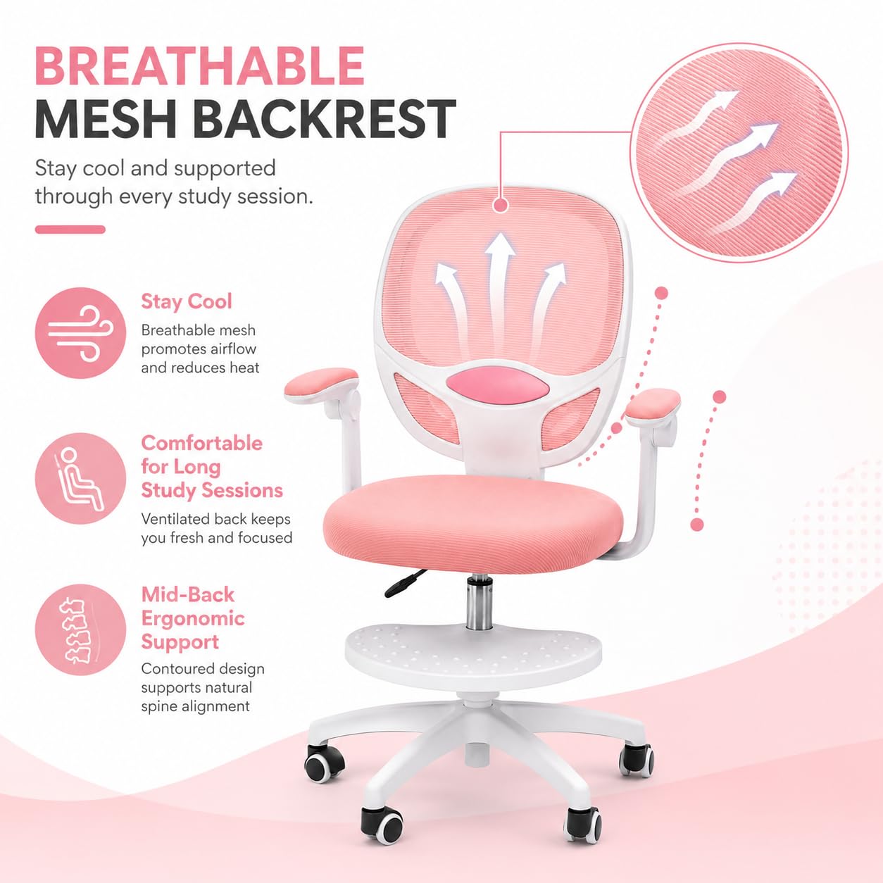 Sedia da scrivania per bambini, regolabile in altezza, 50 kg, rosa | rete, schiuma, forma a sella, pieghevole a 90°, 50 kg, ruote a gravità, girevole a 360°, seduta da 10 cm + poggiapiedi, 5-13J