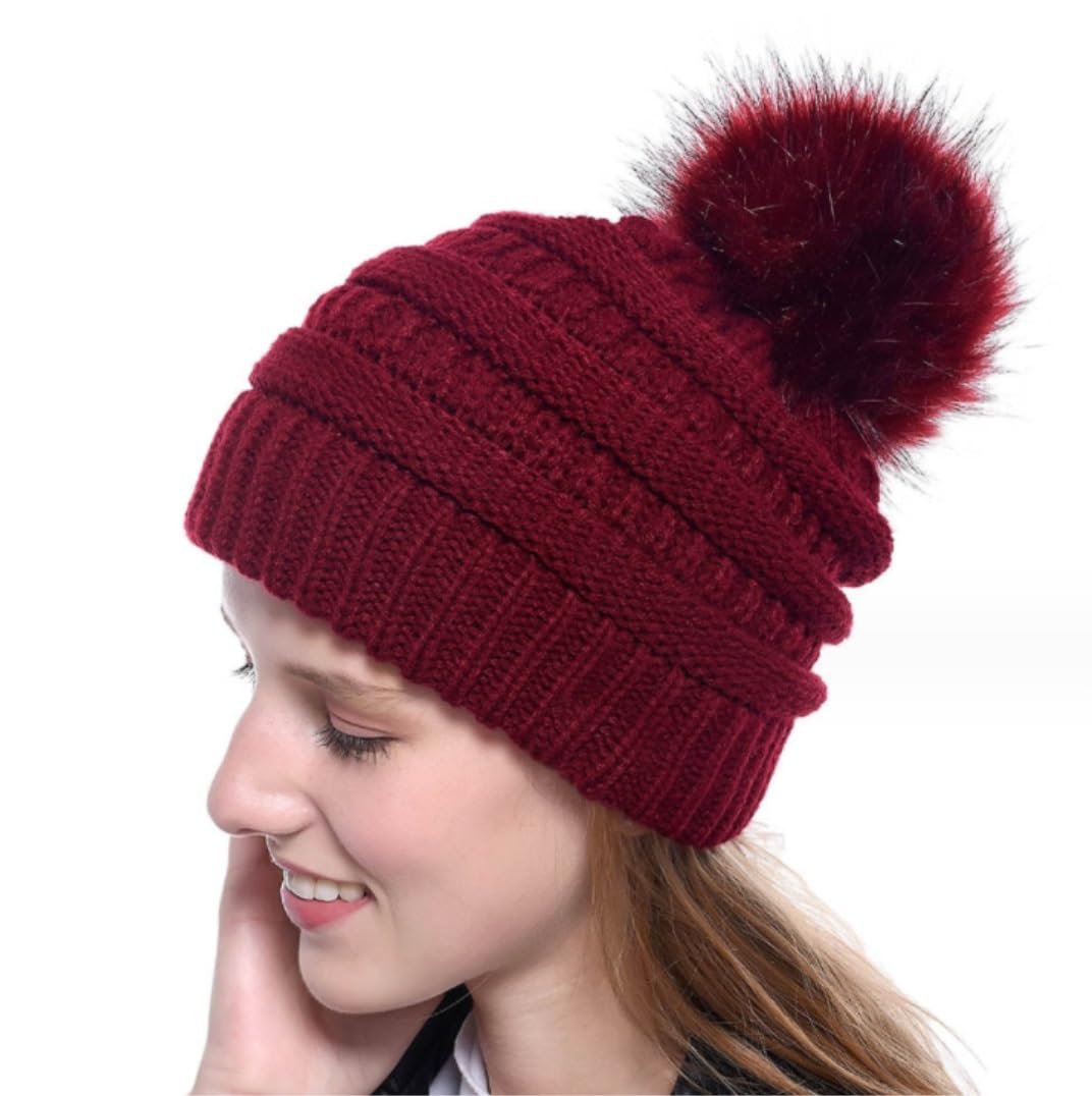 Wintermütze Für Kälte Damen Winter-Strick-Slouchy-Beanie-Mütze, Warme Totenkopf-Skimütze, Kunstfell-Pom-Pom-Hüte Mütze Warme
