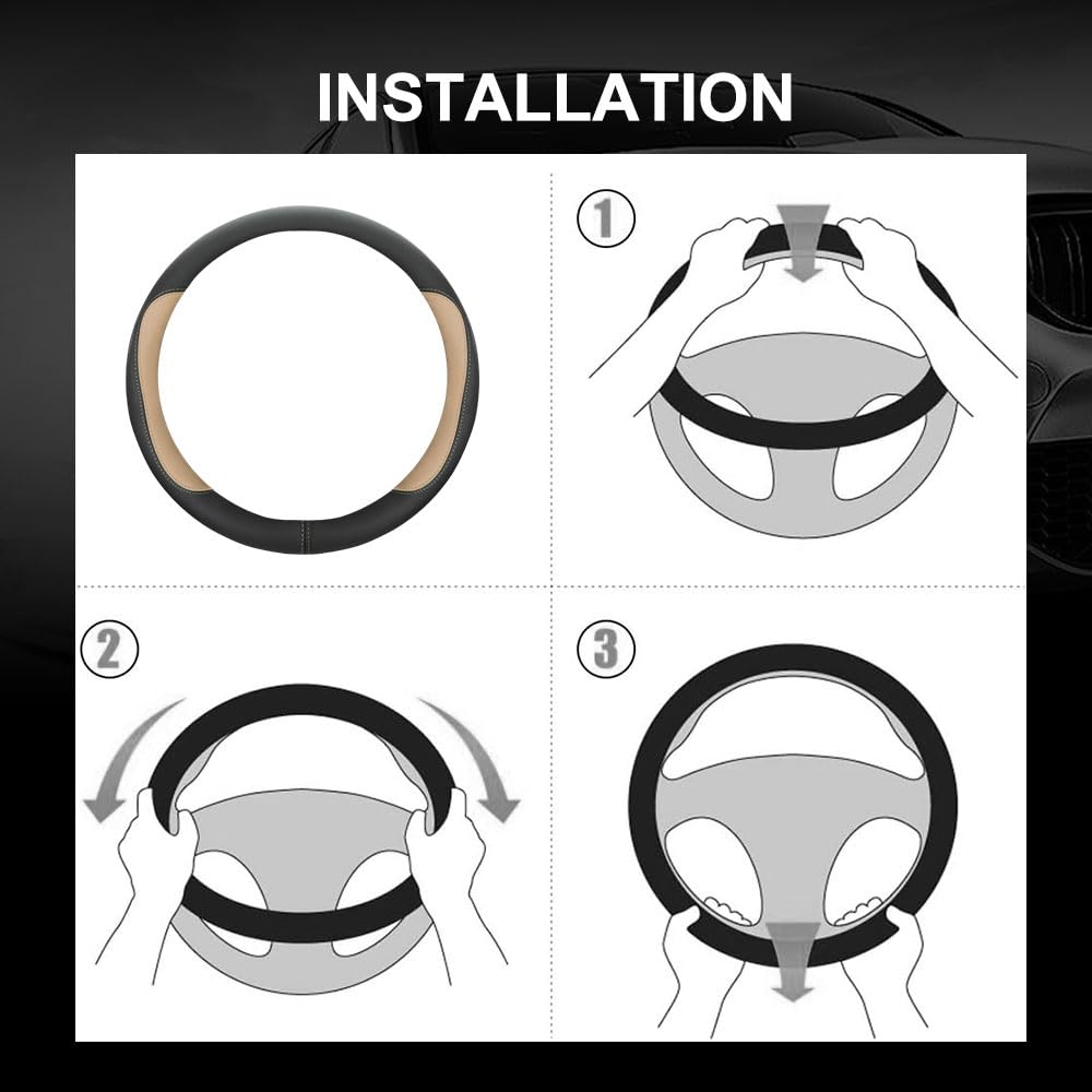 Car Steering Wheel Cover,Microfiber Leather Steering Wheel Cover Universal 14.5-15 inch, Anti-Slip Breathable Auto Wheel Cover Protector for Men Women (Black&Beige)