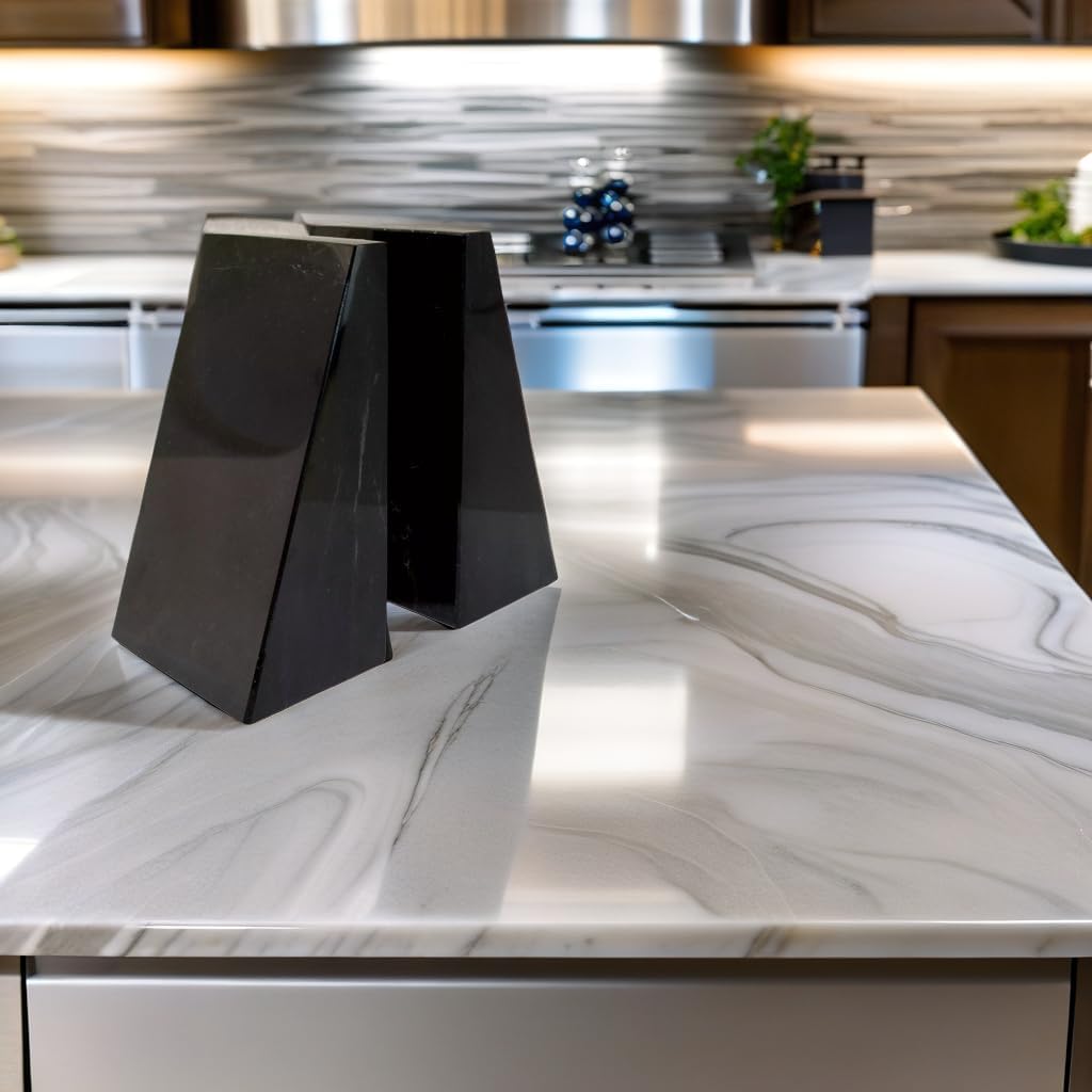 Ottimo Premium Polished Stone Marble 6" Book Ends for Bookshelf Decor, Home, Office or Kitchen Shelves. Heavy, Triangular, and Decorative Book Stopper with Anti-Slip Pads, Great Gift Idea (Black)