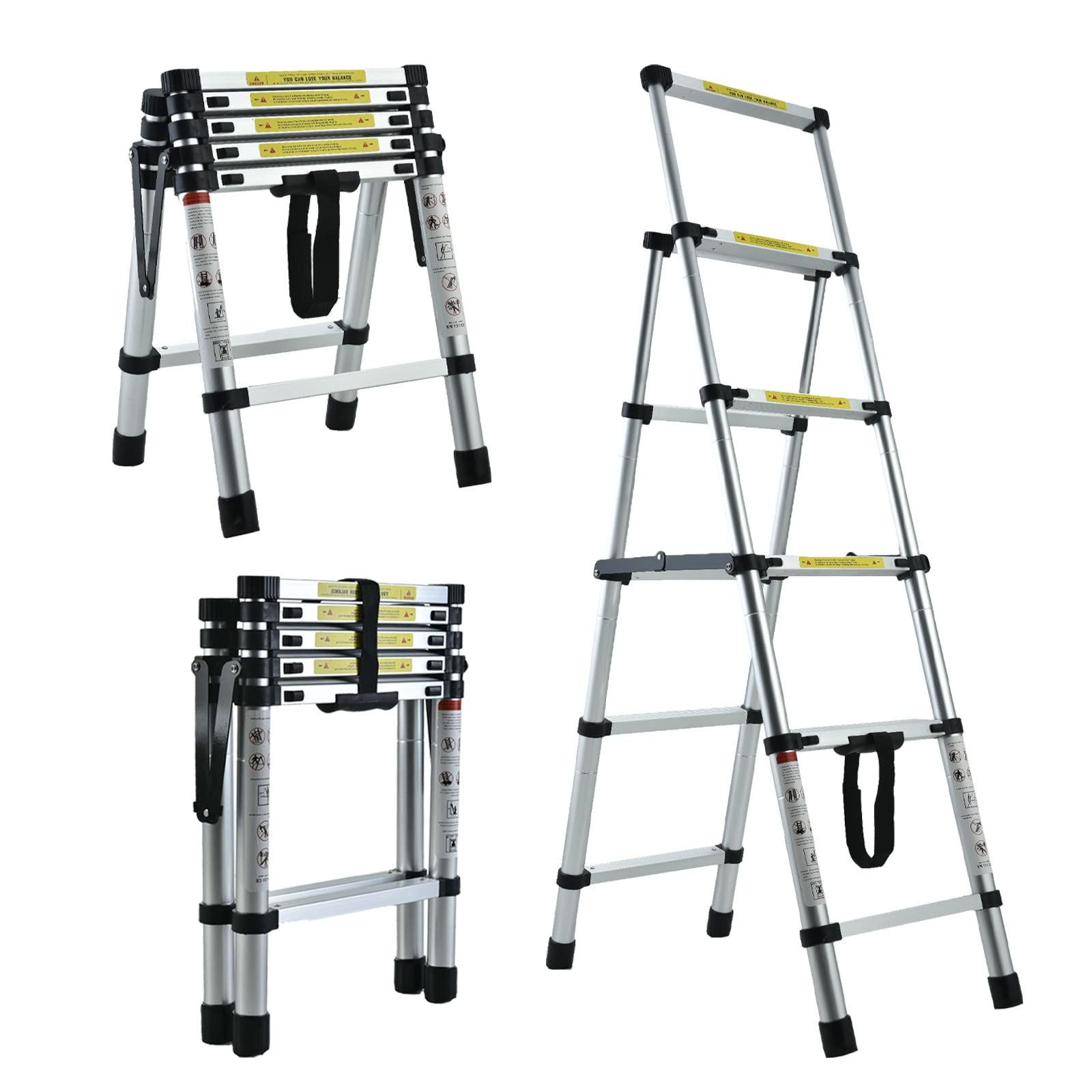 4.5FT Aluminum Telescopic Folding Step Ladder 330lb Max Load Wearable Telescoping Extension Collapsible Ladder with Handrails and Safety Lock Lightweight Easy to Use for Household Daily Hobbies Repair