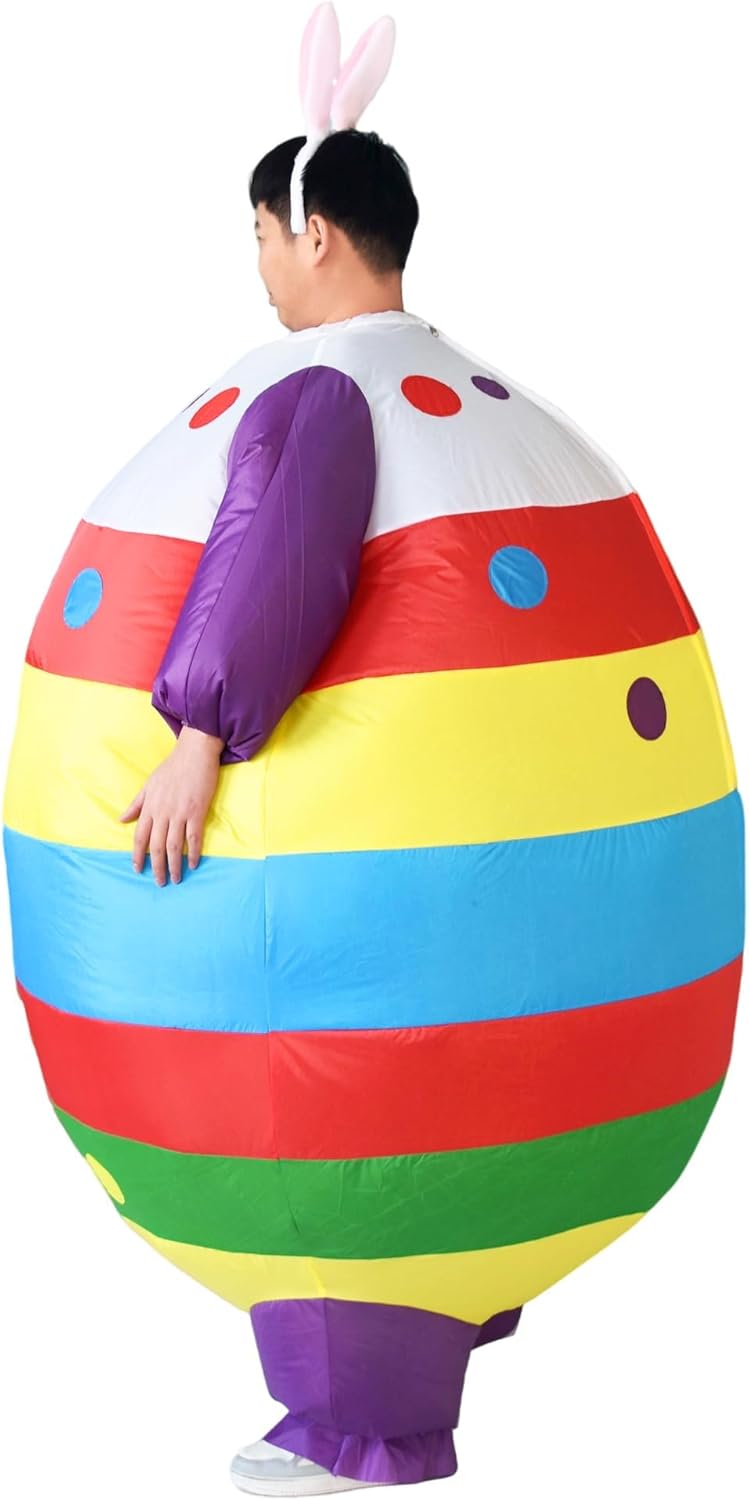 Inflatable Easter Egg Costume for Adults, Rainbow Color Blow Up Egg Suit with Bunny Ears, Funny Easter Bunny Cosplay Outfit for Easter Party, Parade, Spring Festival Cosplay