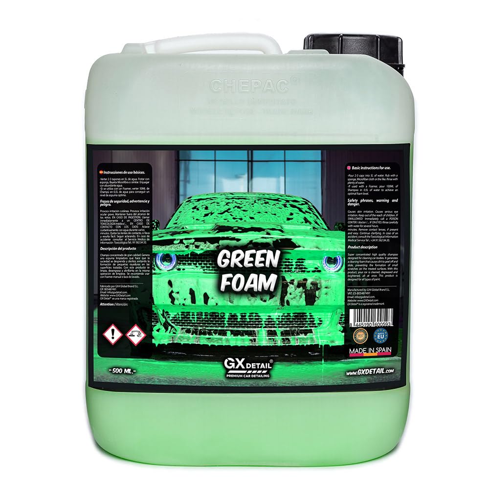 GxDetail Green Foam 5 Litros – Espuma de Lavado Verde para Coche – Limpieza Profunda y Brillo Espectacular – Espuma Densa y pH Neutro – Seguro para Pintura - Efecto Nieve.