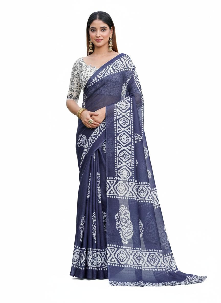 Women’s Navy blue & White Printed linen Blend Saree with Unstitched Blouse | Ethnic Border Soft Lightweight Traditional Saree for Office and Casual wear-image-24