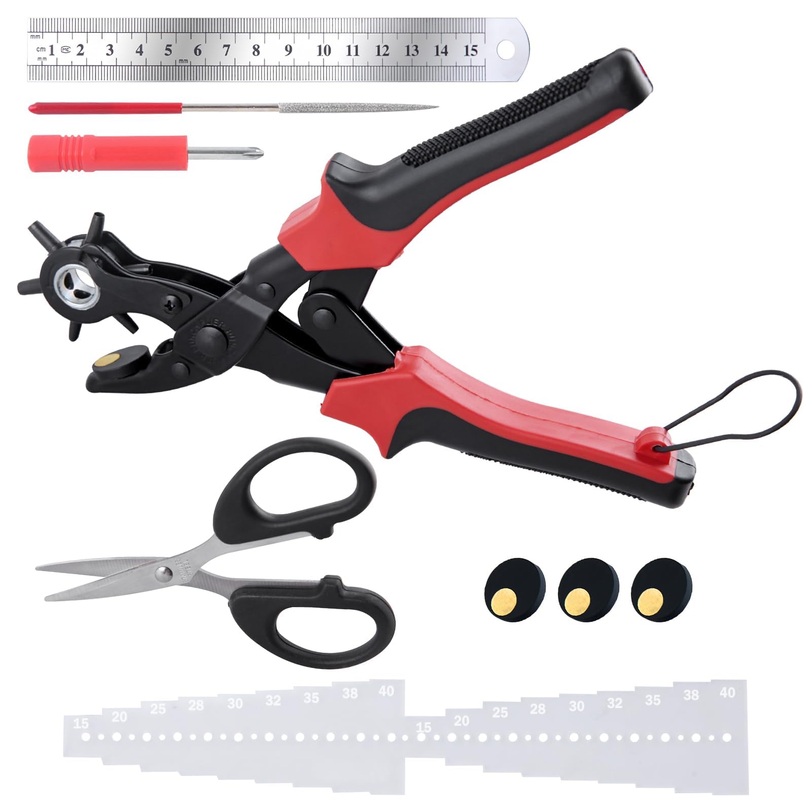 LEONTOOL 9 Pcs Revolving Punch Plier Kit Leather Hole Punch Tool Set 6 Multi-Hole Sizes Heavy Duty Rotary Puncher for Belts Keychains
