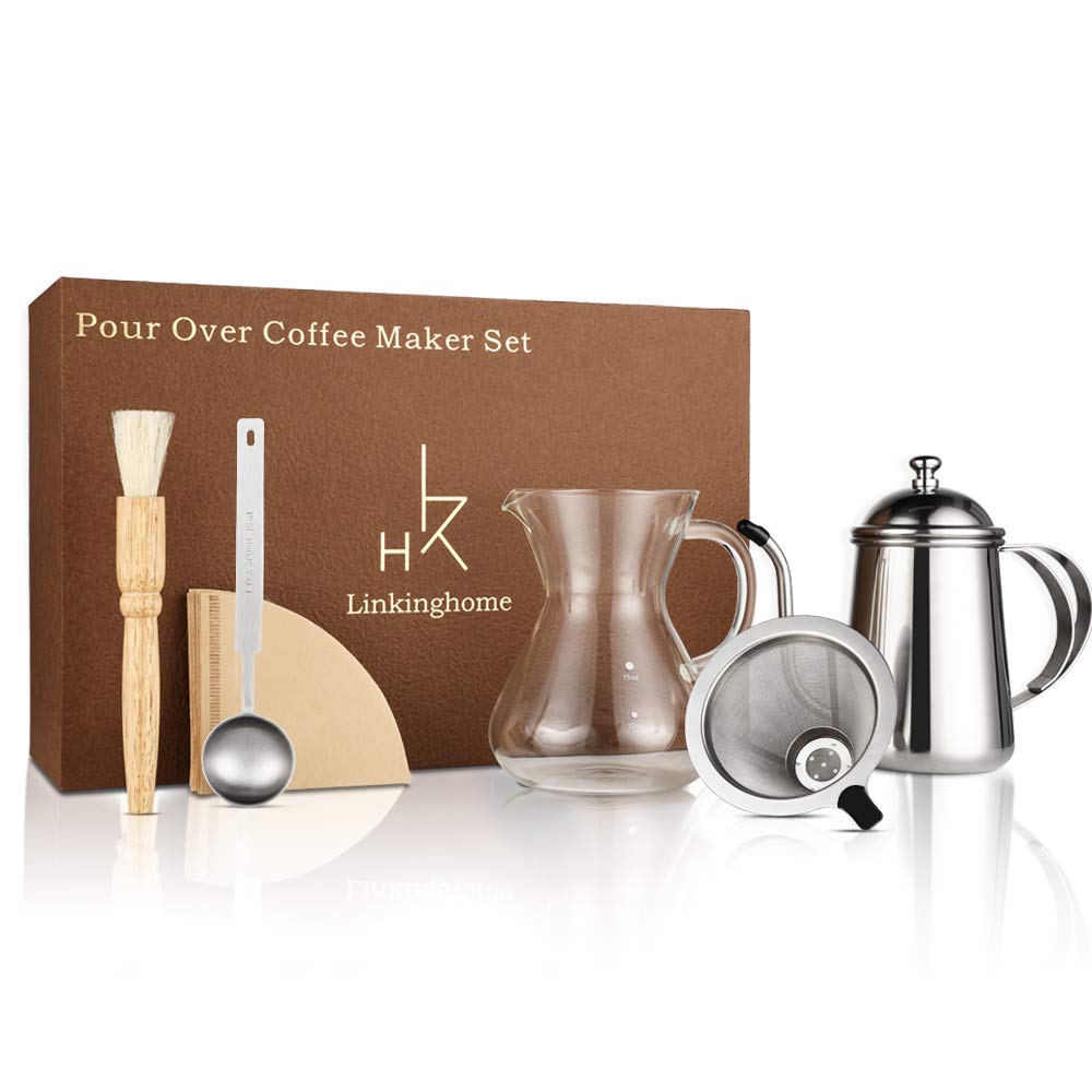 Linkinghome Pour Over Coffee Dripper Coffee Maker Set With Coffee Kettle, Glass Carafe, Stainless Steel Filter Dripper, 50 Coffee Filter Paper, Cleaning Brush And Coffee Scoop