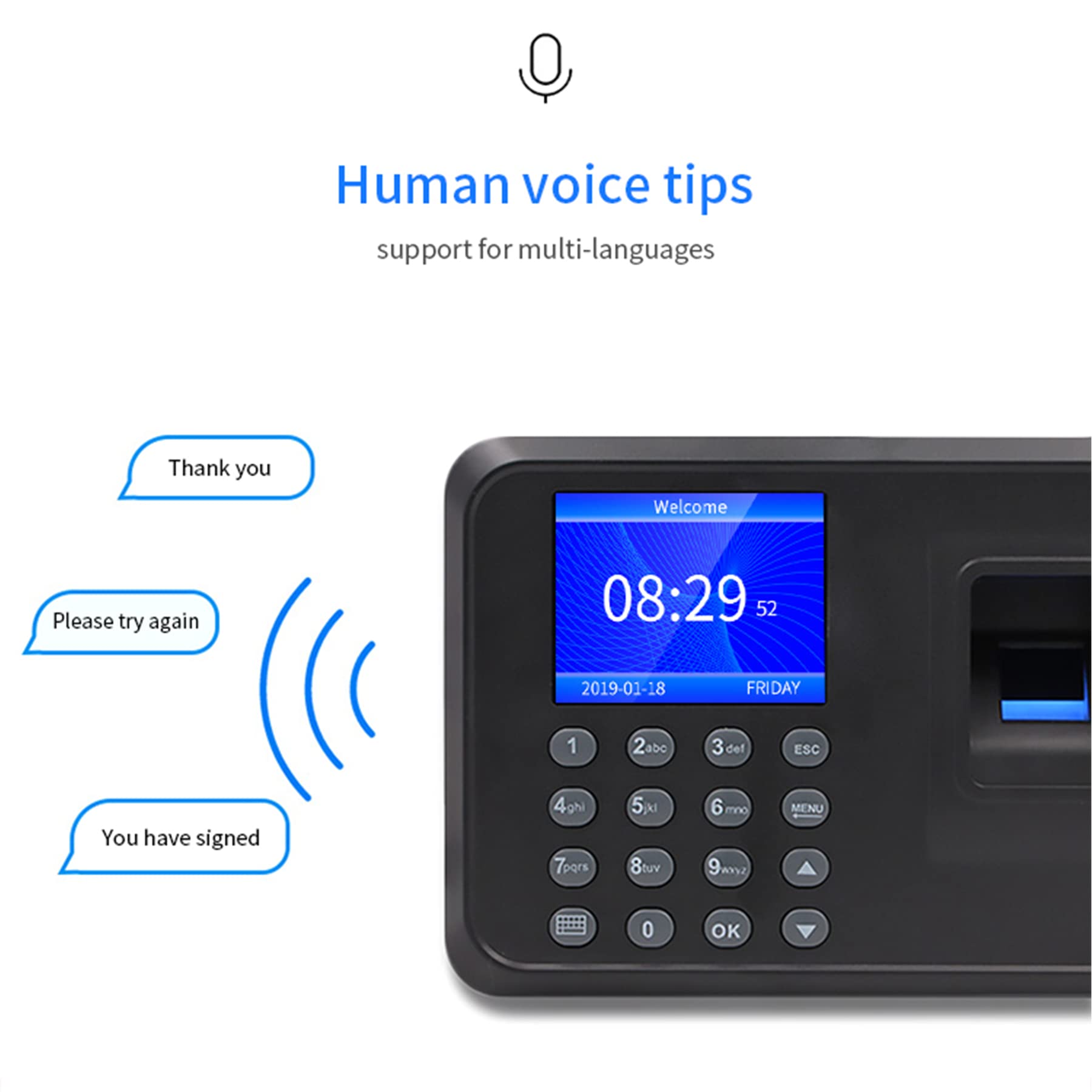 Macchina di assistenza, macchina schema di assistenza biometrica a impronta digitale con disco U 8G, capacità di 100.000 record,2,4 pollici, schermo LCD, sistema spagnolo
