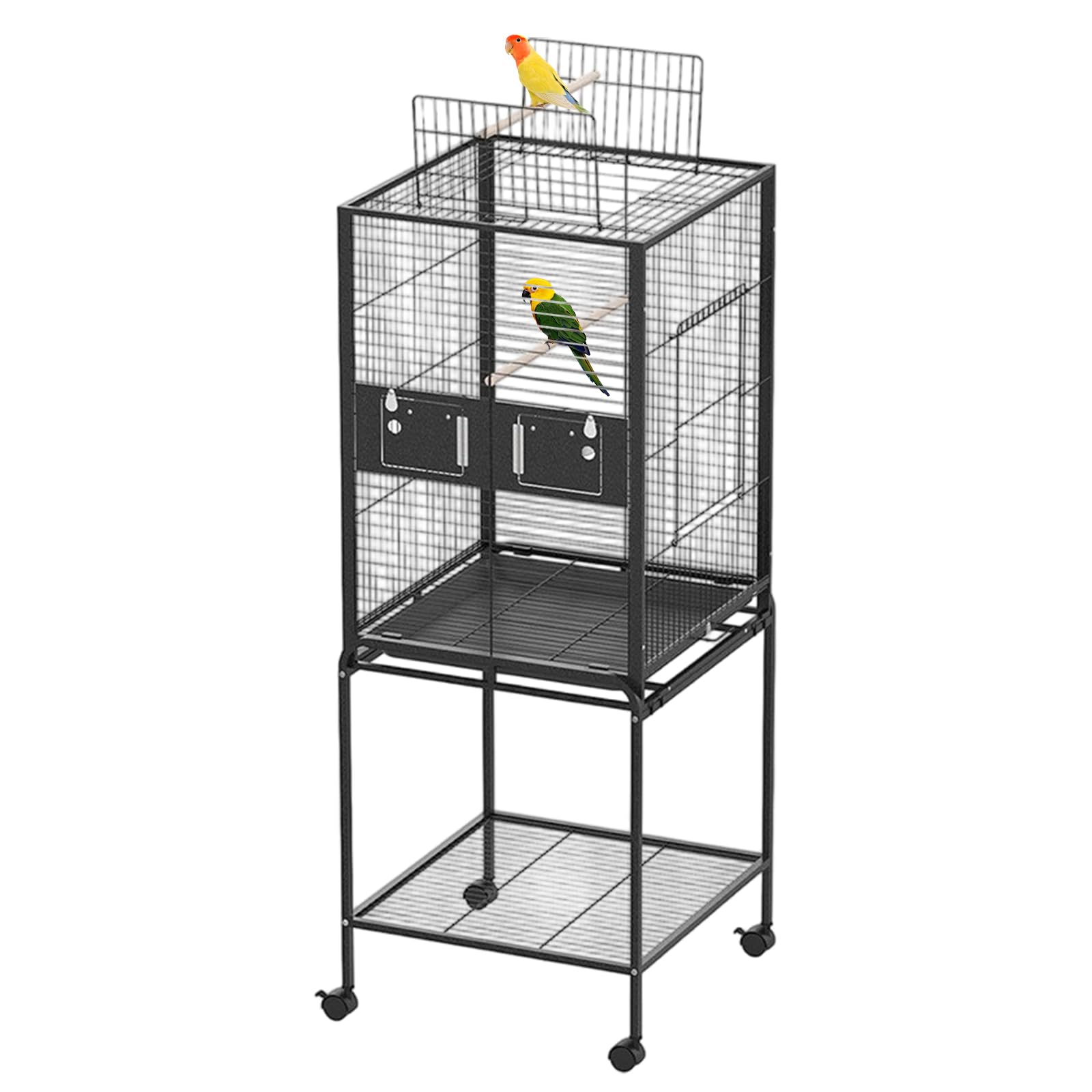 FinerFurnis Spacious Wrought Iron Bird Cage with Rolling Stand, Durable Black Birdcage with Slide-Out, Large Flight Cage for Parrots, Cockatiels, Parakeets, Lovebirds, Canaries, Finches, Budgies