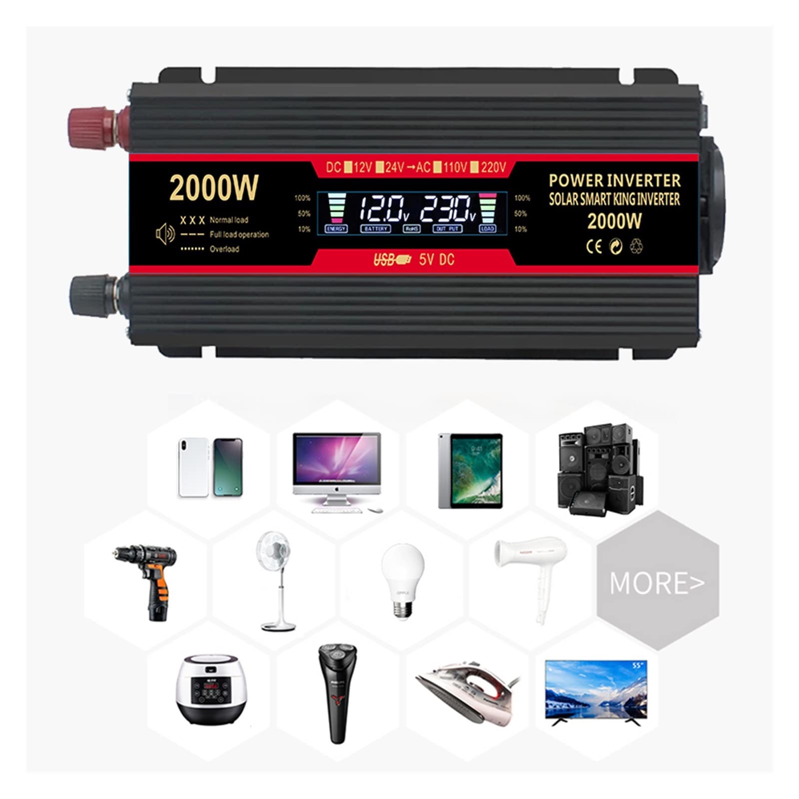 Auto Solar Power Inverter 1500W 2000W 2600W Inverter 12v 220v Display LCD Presa UE Adattatore Onda sinusoidale modificata Dual 3.1A USB(2600W)