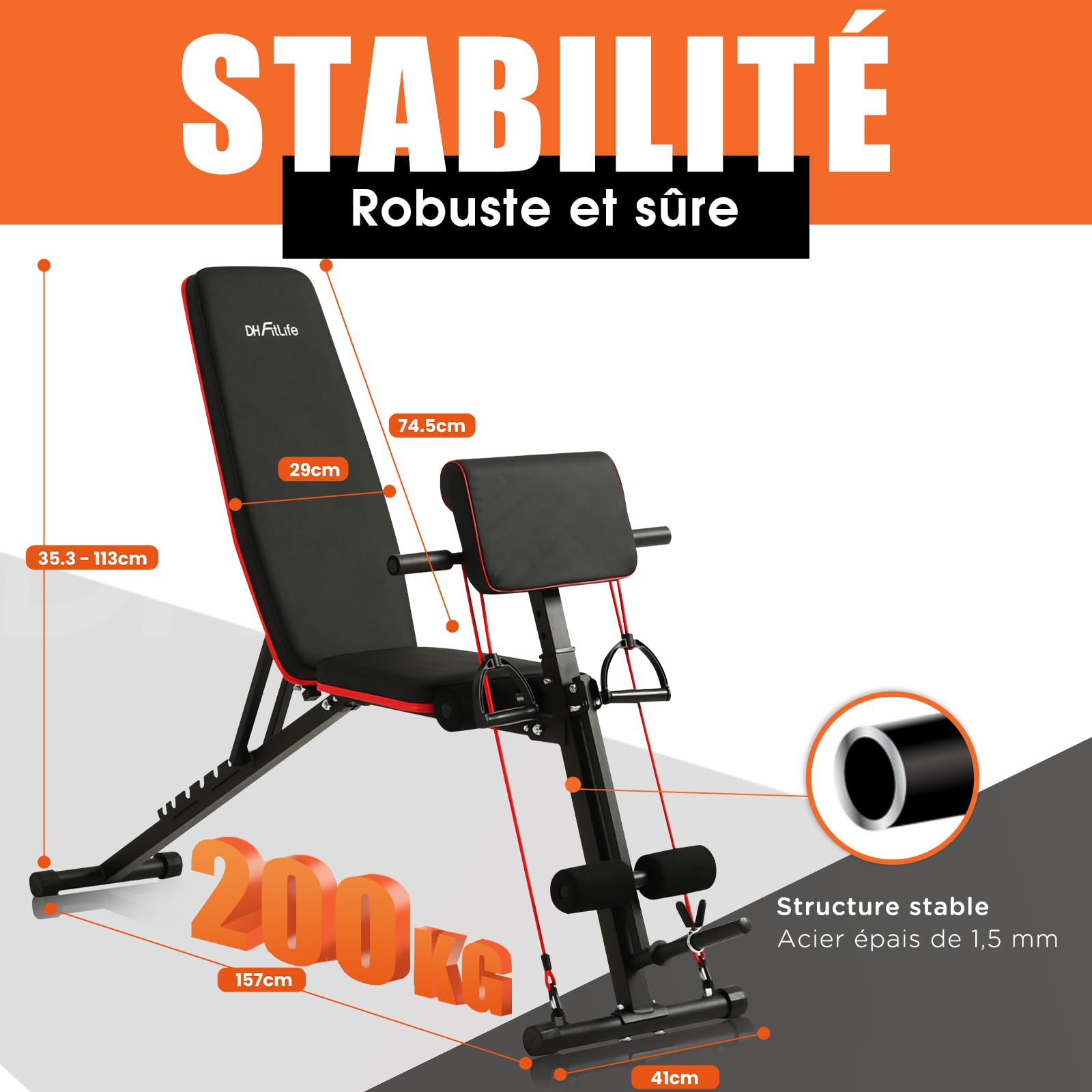 DH FitLife Banc de musculation pliable,banc réglable pour le développé couché, le curl biceps, la musculation du dos et des abdominaux,banc inclinable avec banc curl et extenseur des jambes