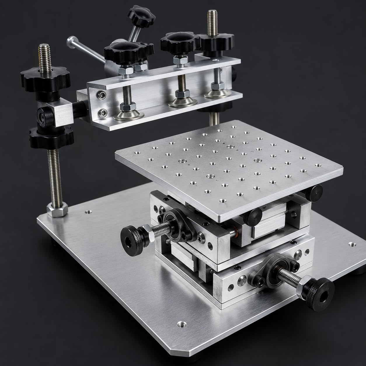 Ręczna drukarka pasty lutowniczej SMT, regulowany stół szablonowy 150 x 150 mm | Precyzyjna regulacja obrotowa 30°, skok 20 mm X/Y i aluminiowa podstawa CNC dla stabilnego drukowania PCB