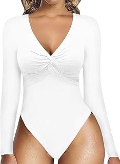 MANGOPOP Sexy Bodysuit for Women Plunge Deep V Neck Twist Knot Front Slim Fit Short Sleeve Long Sleeve T Shirts Tops Jumpsuit