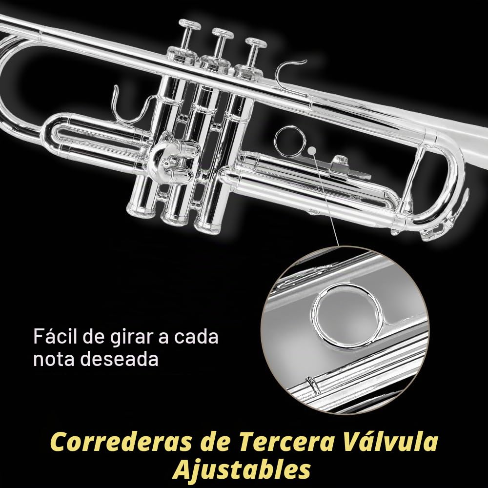 Yinfente Juego de trompeta estándar Bb para principiantes o avanzados, instrumento de trompeta de latón para estudiantes con estuche duro, boquilla 7C, kit de limpieza, guantes blancos plateados