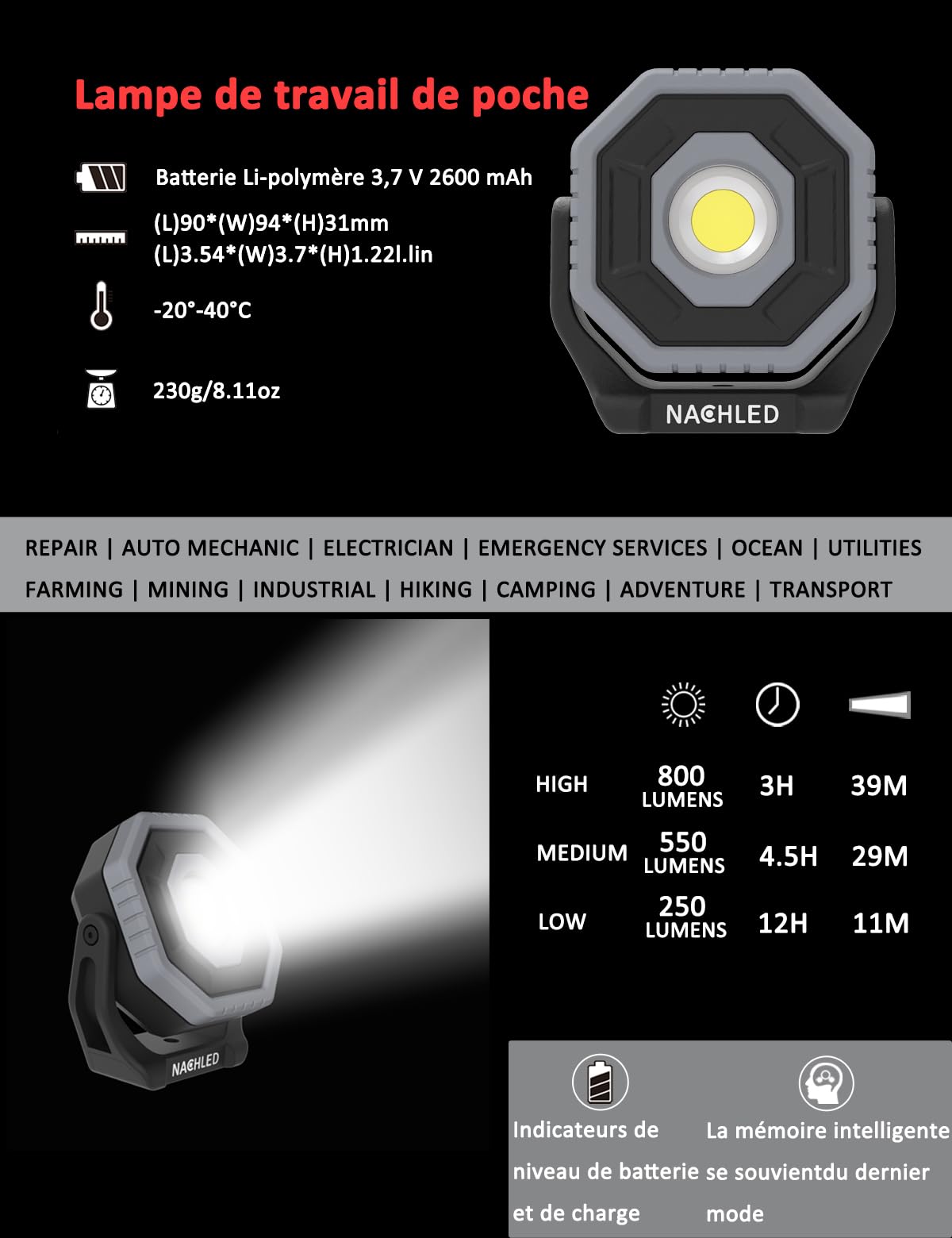 Lampe de travail, 800 lm, lampe de mécanicien de poche, rechargeable de type C, 2600 mAh, support magnétique rotatif à 360°, IP65, pour réparation de voiture, bricolage et entretien (gris)