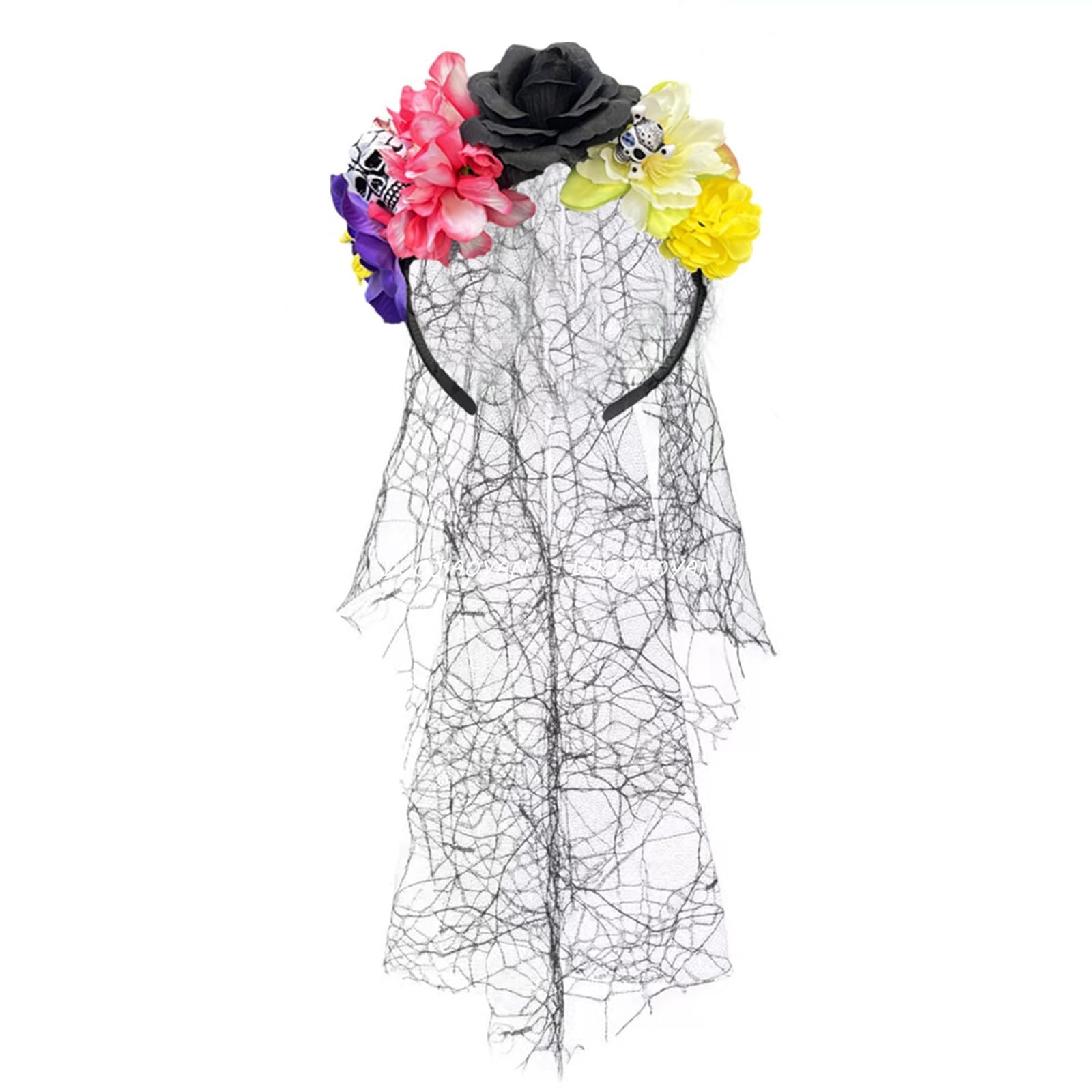 MICFENY Skull Skeleton Hand Veil Headpiece with Dark Series Flower For Halloween Costume And Themed Photoshoots Wear