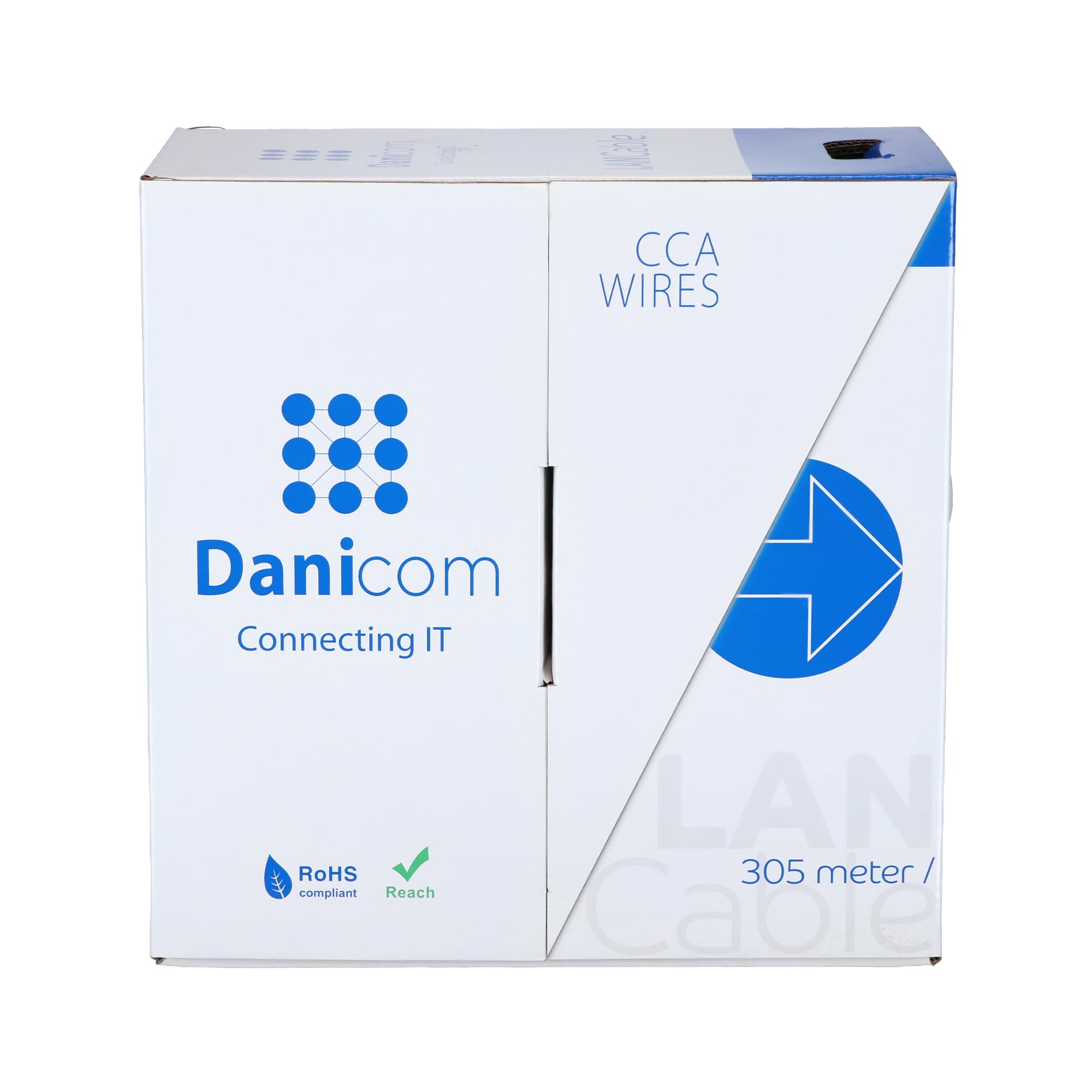 Danicom Rouleau câble rigide gris Cat6 SF/UTP CCA - 305m, POE, Ethernet, LAN, câble de raccordement, câble de données, RJ45 - pour armoire de serveur, commutateurs, routeurs, modems !