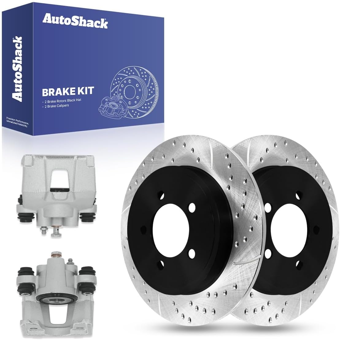 AutoShack Rear Solid Drilled & Slotted E-Coated Brake Rotors + Calipers 4-PC Brake Kit Replacement for 2002-2010 Ford Explorer 2007-2010 Ford Explorer Sport Trac ShadowGuard 11.85" (301 mm)