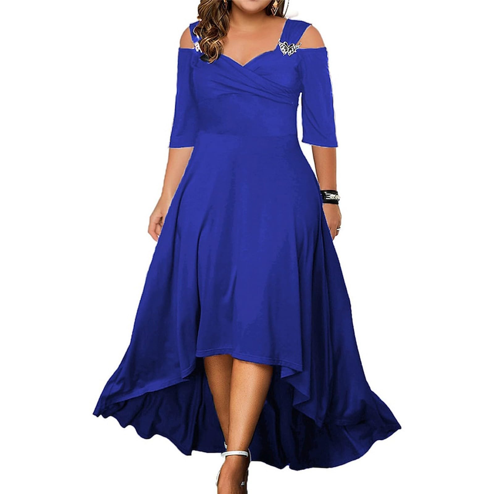 Ansenesna Abendkleid Damen Große Größen V Ausschnitt Kleider Für Mollige Frauen Cold Shoulder Halbarm Abendkleider Elegant Hochzeitsgast Festliche Kleid Vorne Kurz Hinten Lang Partykleid