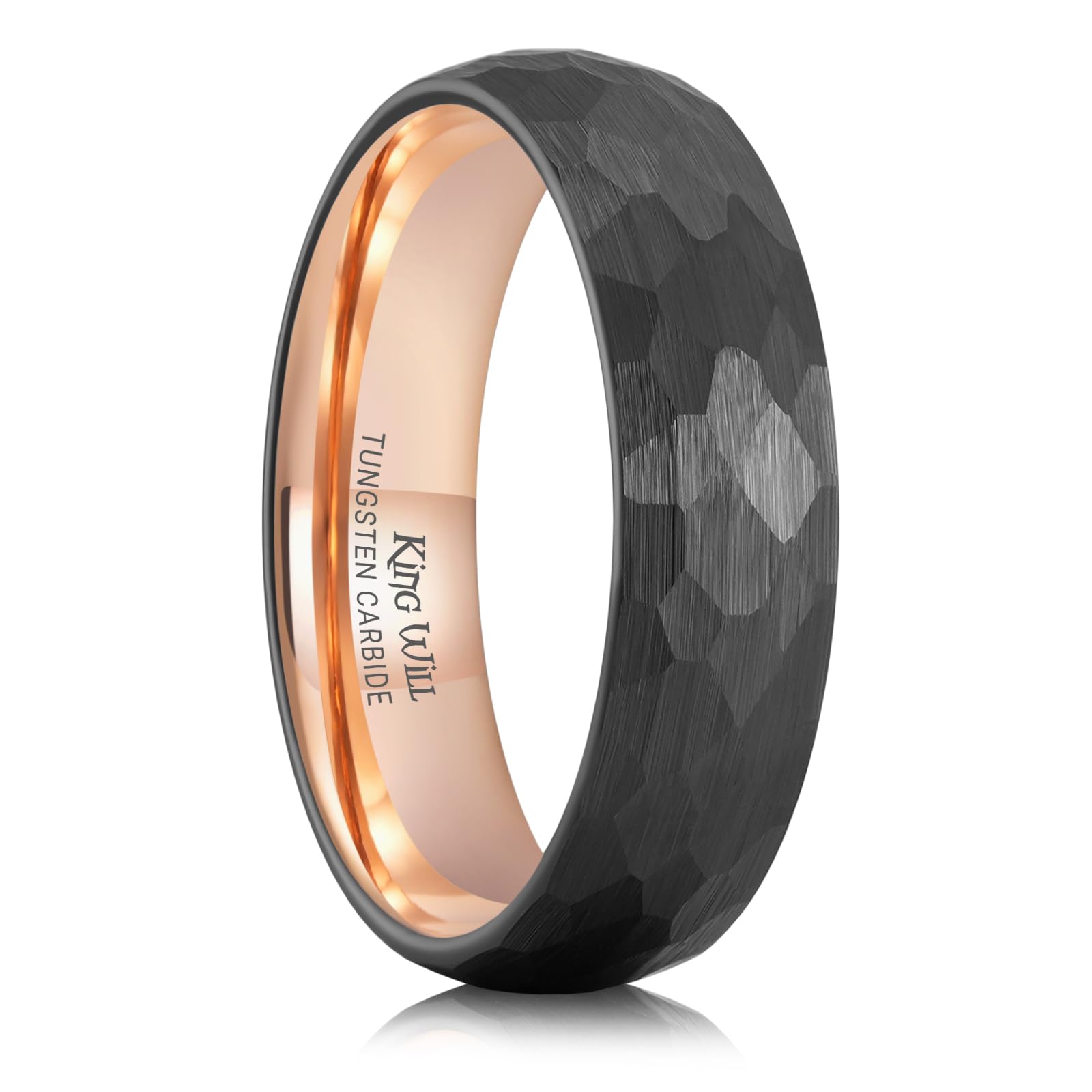 King Will 8mm Tungsten Wedding Band Ring for Men - Silver/Black Hammer Faceted Polished Step Edge, Comfort Fit Size 7-14