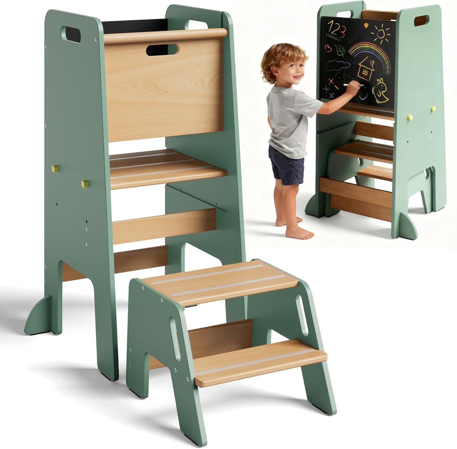 Toddler Tower 2 in 1 Toddler Kitchen Stool & Storable Step Stool,Montessori Standing Adjustable Wooden Kitchen Stool with Chalkboard and Anti-Slip Strip,Learning Tower for Kids Girls Boys