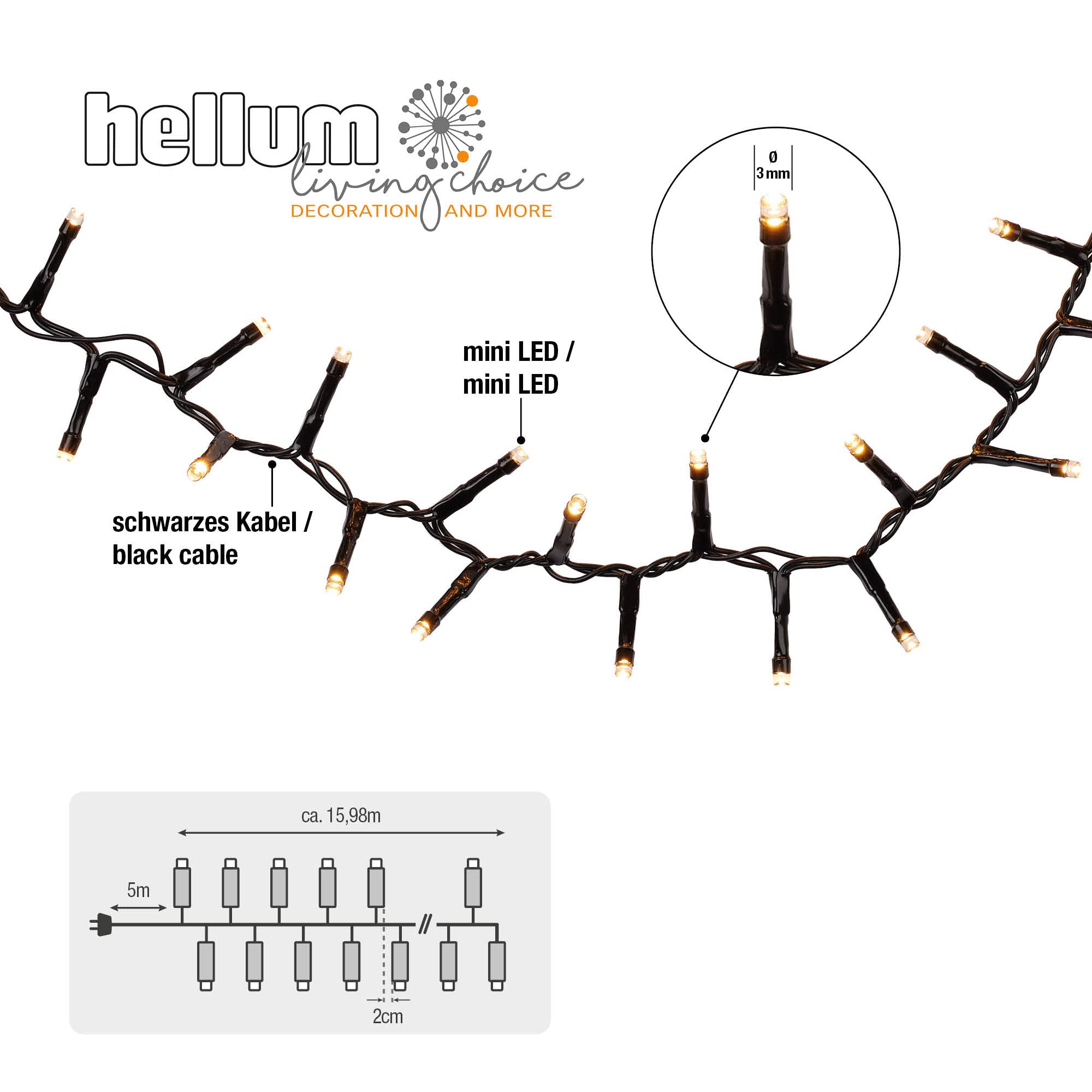 hellum LED Lichterkette außen Cluster, 15,98m 800 LED Cluster Lichterkette warmweiß mit Timer, Strombetrieben indoor & outdoor, Weihnachtsbaumbeleuchtung mit Kabel <59 lm 530193