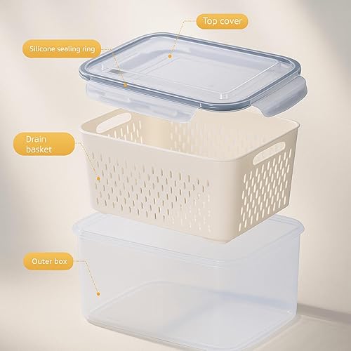 Miniatura 5 de Recipientes herméticos de almacenamiento para refrigerador con colador extraíble, caja de almacenamiento de alimentos con cesta de drenaje, aptos