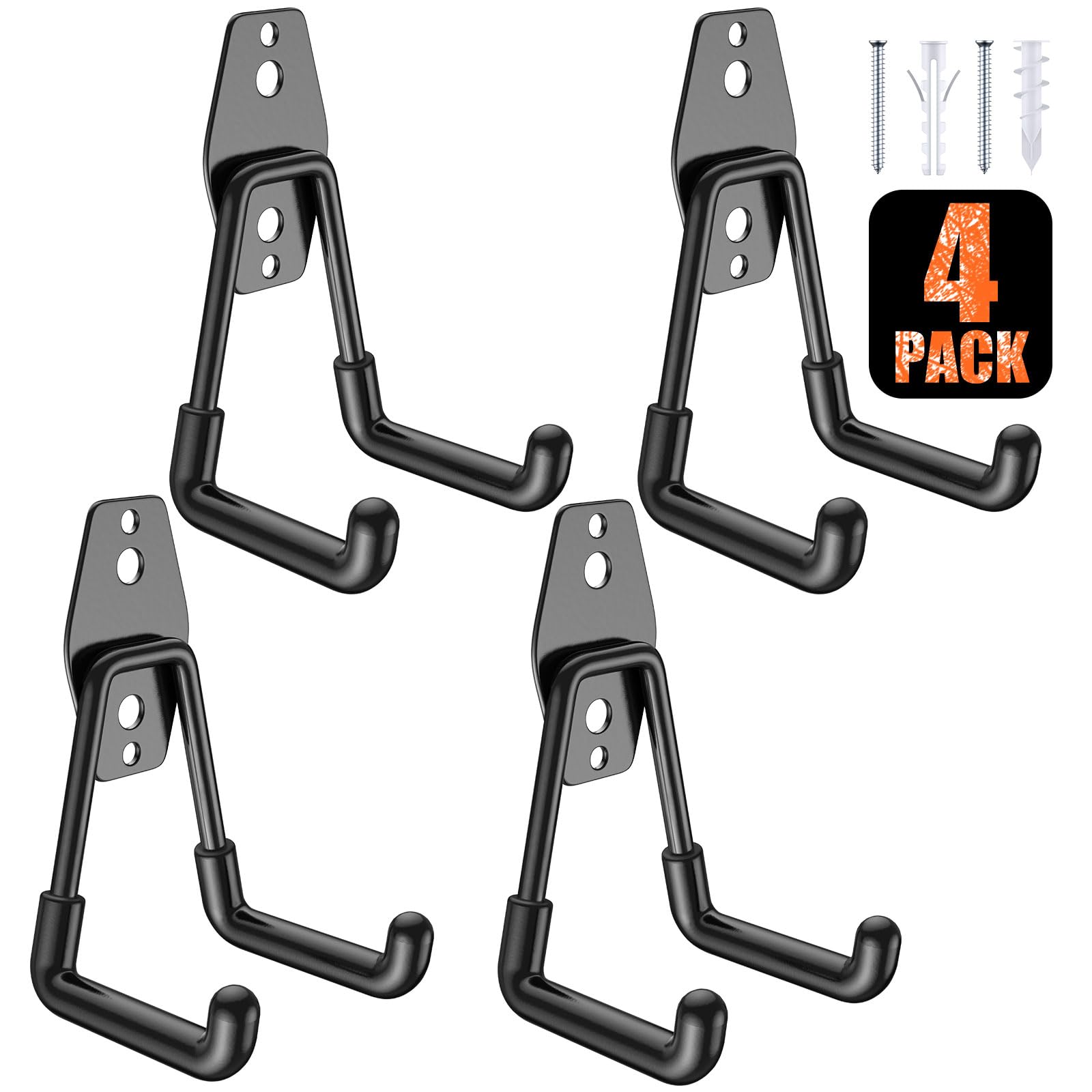 MIKRUI 4 Pack Heavy Duty Garage Hooks,Solid Steel Wall Mount Hangers,with Anti-Slip Coating,for Hanging and Organising Ladder,Bike,Ropes,Broom,Garden,Yard and Power Tools(4.5x2.75 inch)