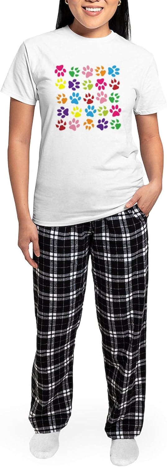 CafePress Multiple Rainbow Paw Print Women's Light Pajamas Women's Novelty Cotton Pajama Set, Comfortable PJ Sleepwear