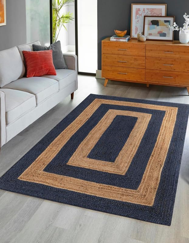 Tapis de sol en fibre rustique fait à la main, durable et respectueux des animaux domestiques, pour salon, salle à manger, chambre à coucher, couloirs et entrées (bleu marine)