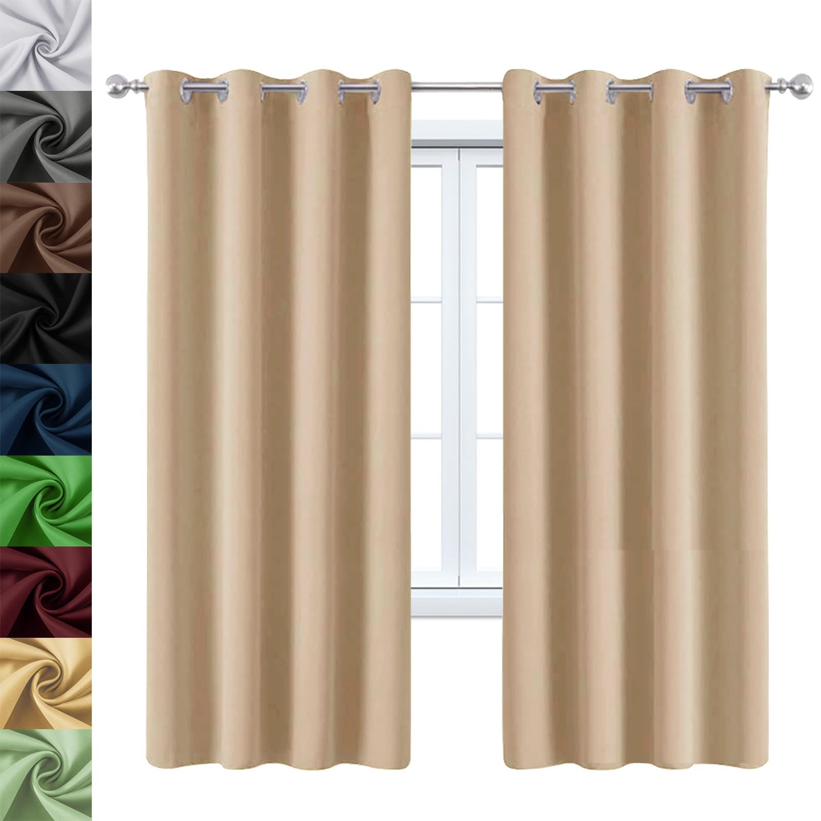 Cortinas Salon Opacas 2 Piezas 190 x 145 cm Poliéster Resistente,Protección UV y Sol, Cortina Antiruido con Ojales, con Corbatas, para Dormitorio Juvenil, Beige