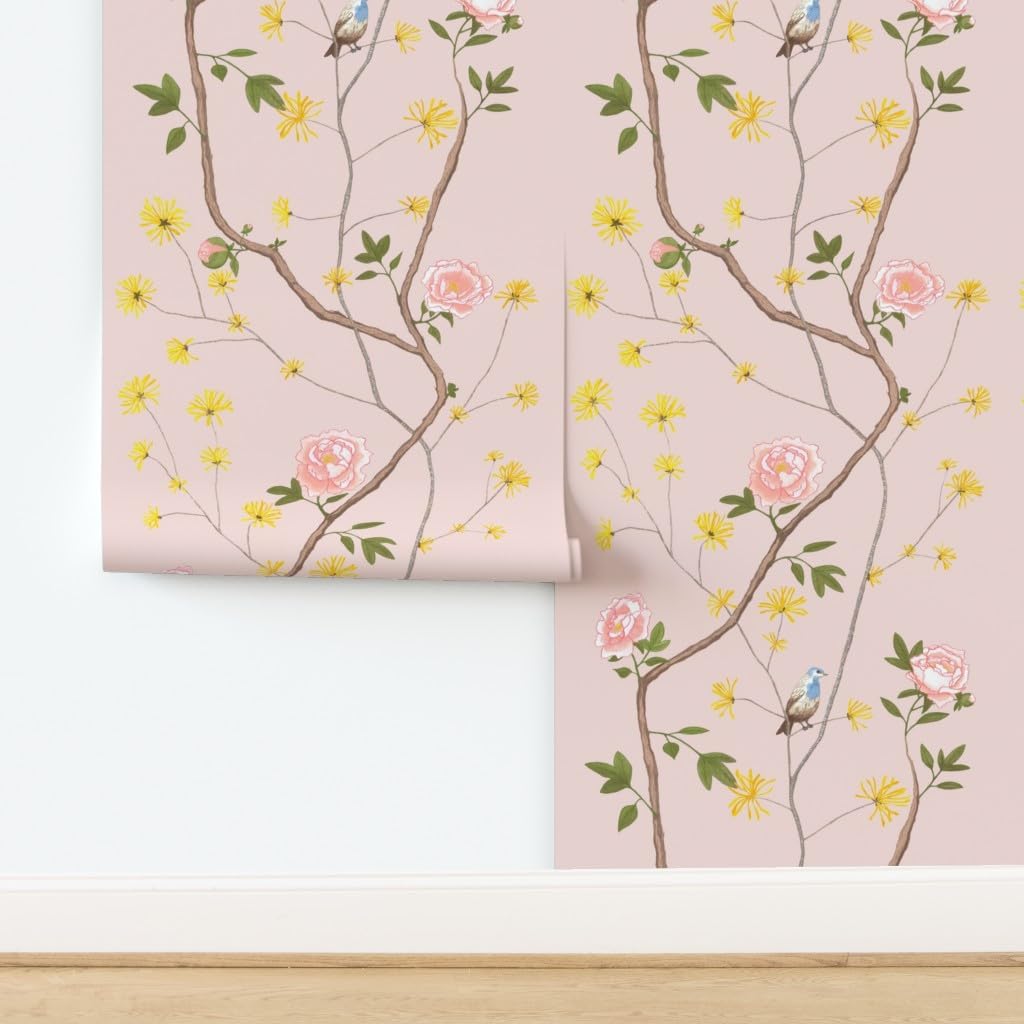 Peel & Stick Wallpaper 6ft x 2ft - Peony Blush Chinoiserie Pink Bird Butterfly Flower Custom Removable Wallpaper by Spoonflower