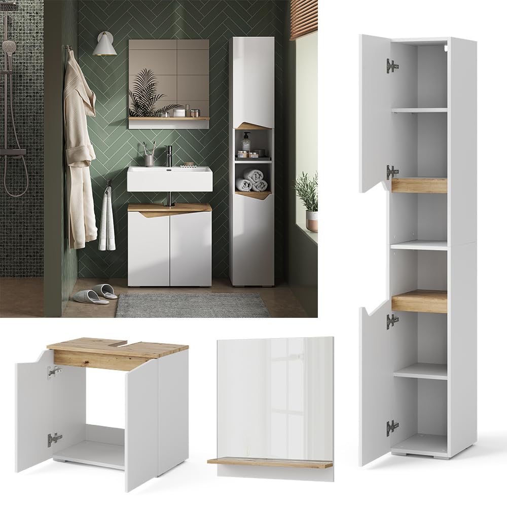 Vicco Meubles Bain Marelle, Blanc, 60 cm, composé d’Un Meuble sous-lavabo, d’Une Armoire Miroir et d’Une Colonne de Rangement