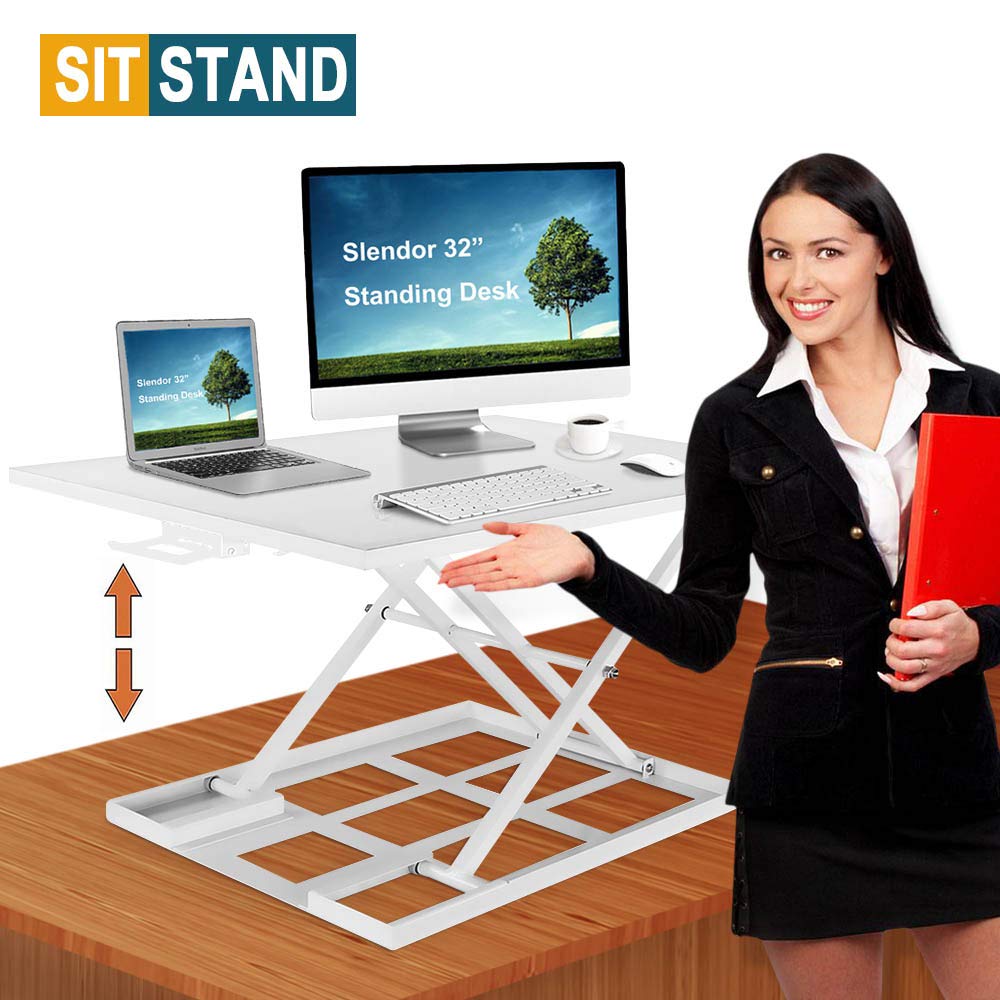 Standing Desk Stand Up Desks Height Adjustable Sit Stand Converter 32 inch Dual Monitor Workstation Ergonomic Desktop Gas Riser Stands Large Wide Rising Tabletop Computer Table Laptop Home Office