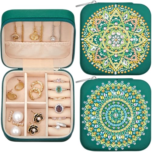 Image of Hinly 2 Pcs Portable Diamond Painting Jewelry Storage Box DIY Diamond Art Accessories PU Leather Jewelry Ring Organizer Case Travel Jewelry Organizer(Mandala Style,Vintage Color)