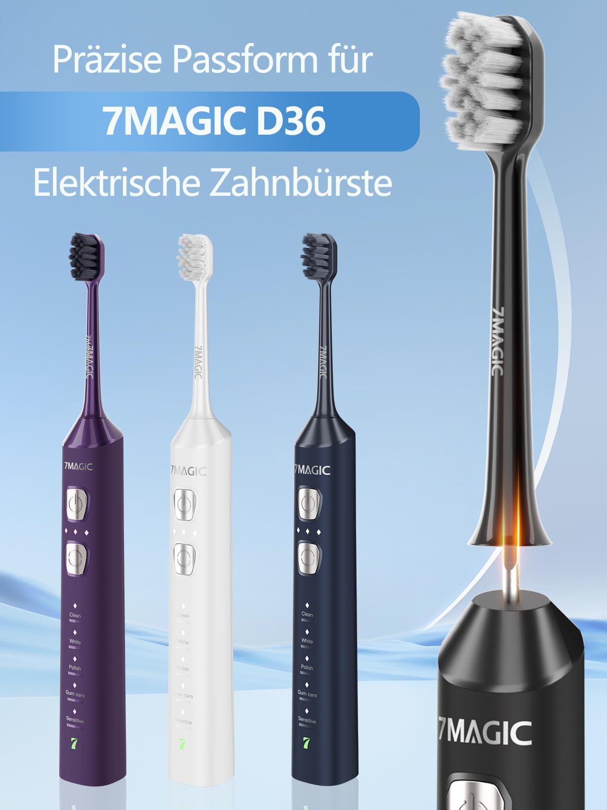 7MAGIC Spazzolino Elettrico Sonico Blu con 5 Modalità, 3 Livelli di Intensità, Autonomia fino a 180 Giorni, 40.000 Vibrazioni/Min, 8 Testine Incluse (6+2 Testine di Ricambio Originali)
