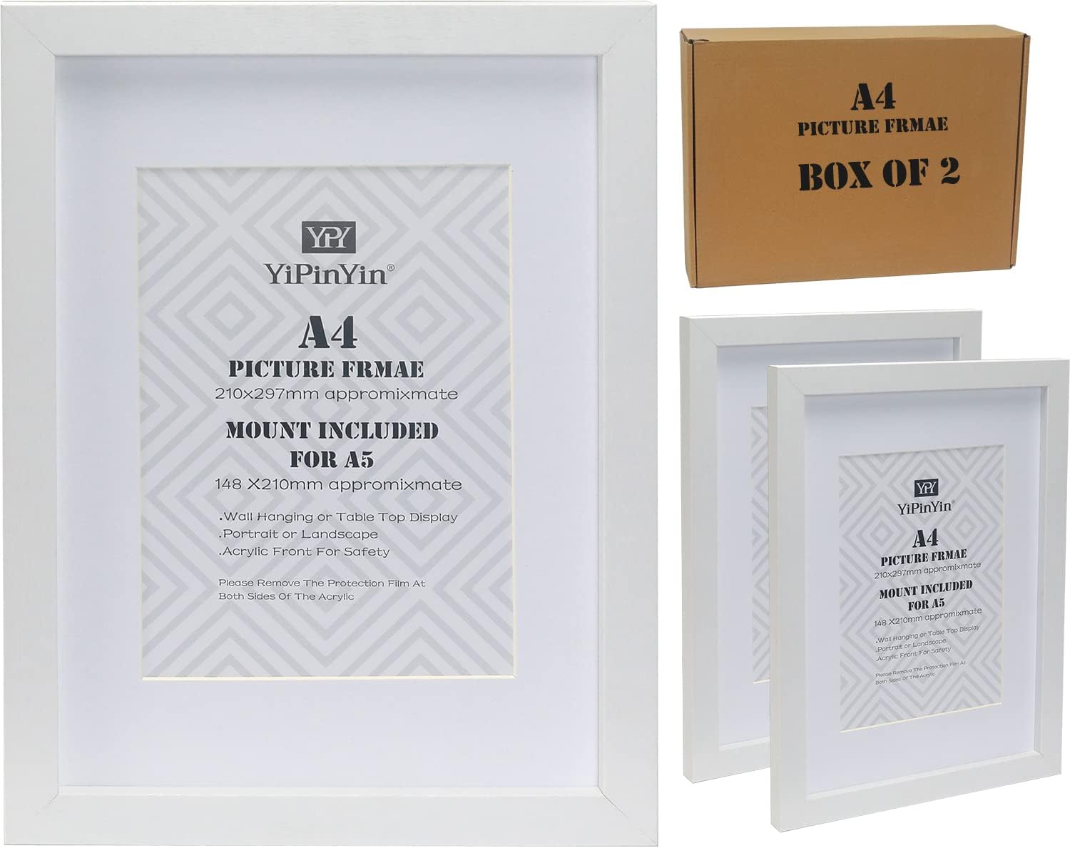 White A5 (14.8x21cm) Poster Frame with Mount for 6x4'' Set of 2,White