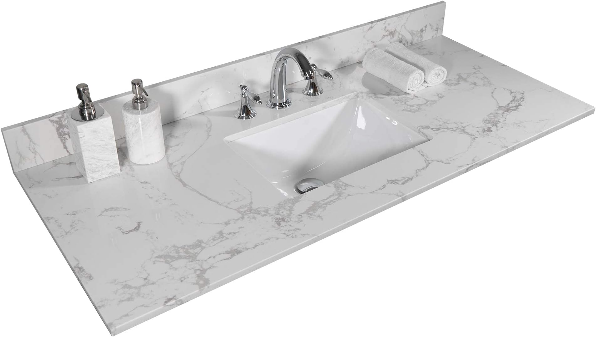 49 Inch Marble Vanity Top with Undermounted Rectangular Ceramic Sink & Backsplash, White Carrara Engineered Stone Countertop for Bathroom Kitchen Cabinet 3 Faucet Hole (not Include Cabinet)