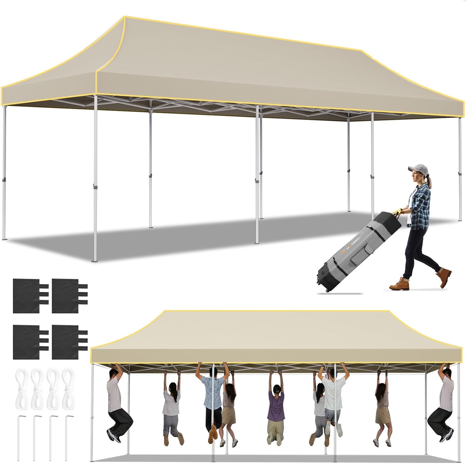 Hoteel 10x30 Pop Up Canopy Tent Heavy Duty Without Sidewalls, Waterproof Party Tent, Easy Set-up Commercial Instant Tents with Roller Bag & Sandbags, Hexagonal Leg (1-Year Warranty)